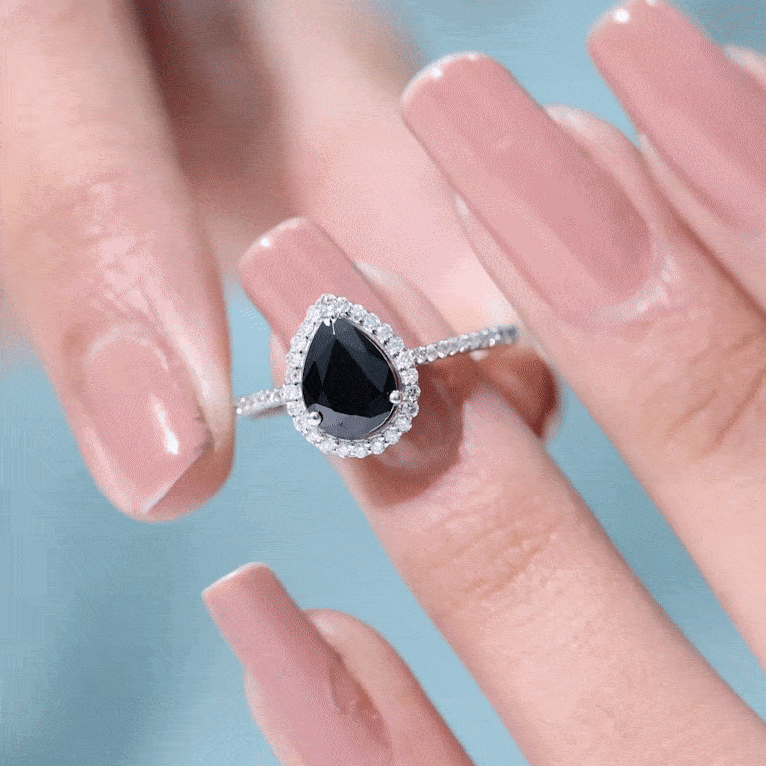 Natural Black Spinel Teardrop Engagement Ring with Diamond Halo