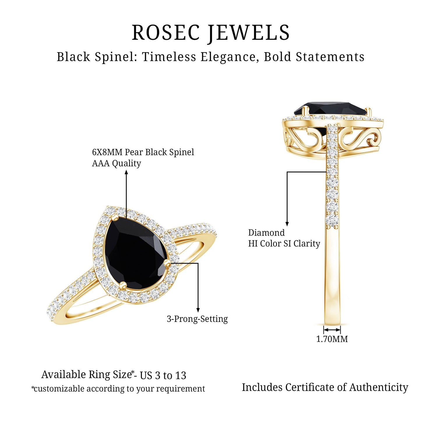 Natural Black Spinel Teardrop Engagement Ring with Diamond Halo