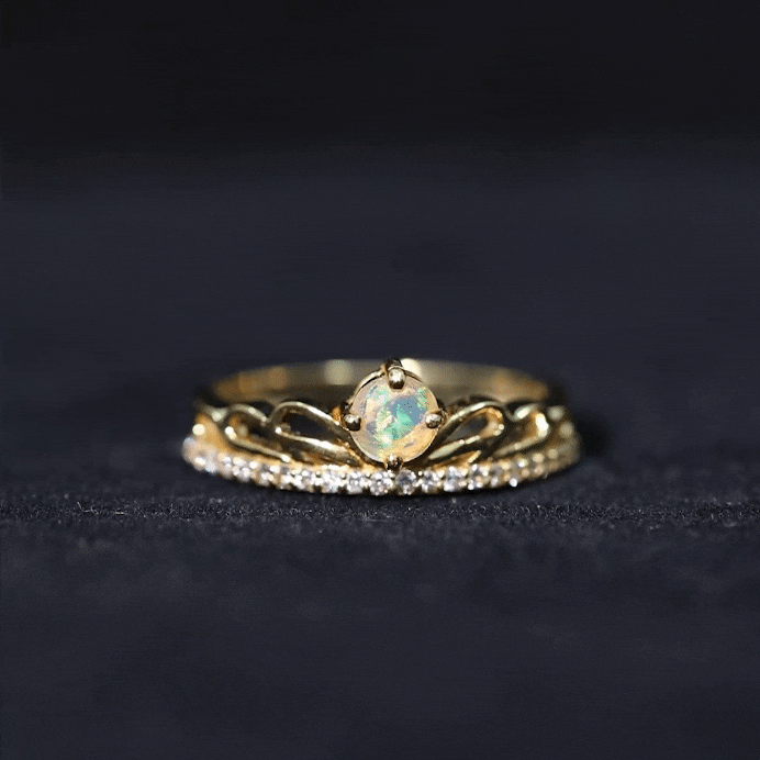 Natural Ethiopian Rainbow Opal Crown Promise Ring with Diamond