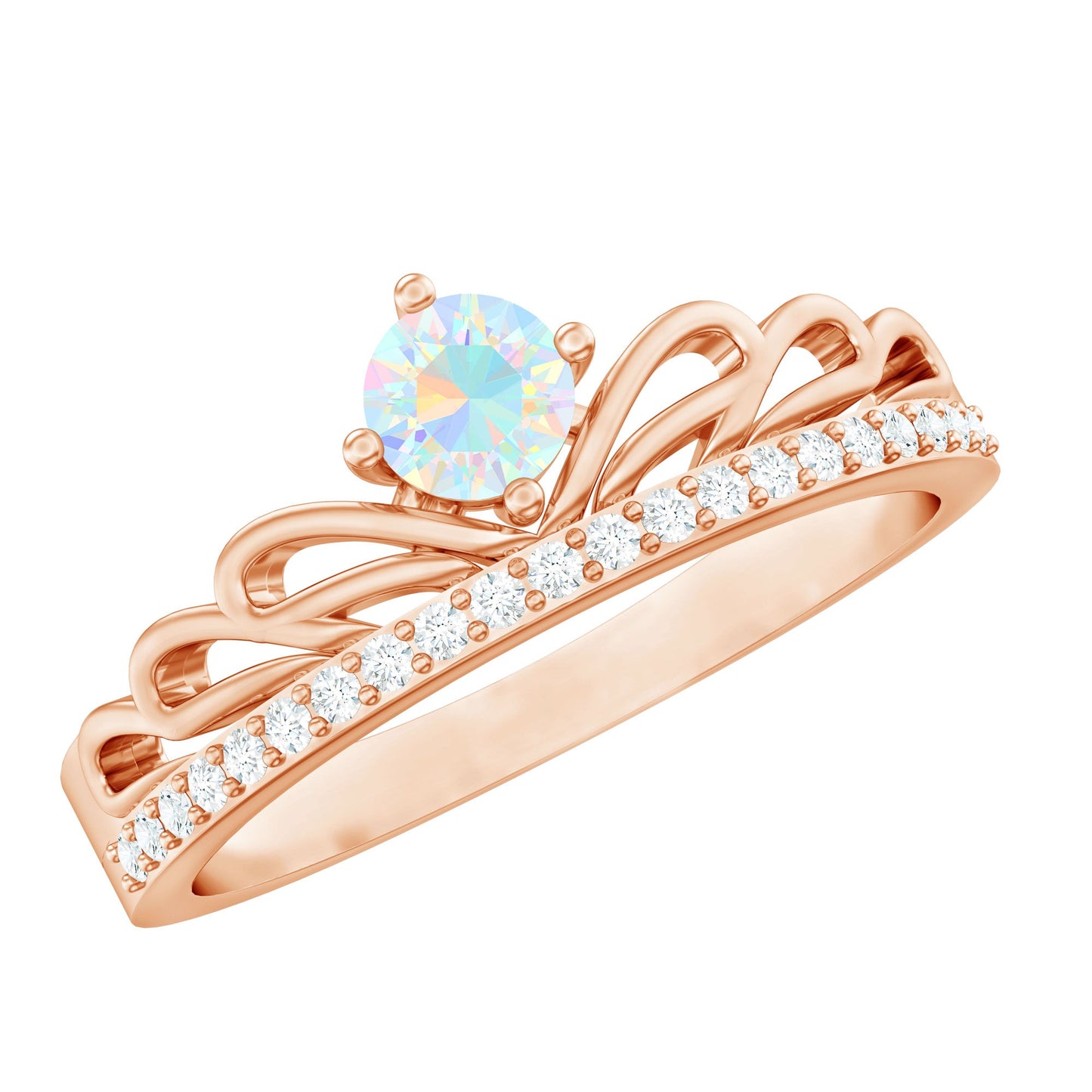 Natural Ethiopian Rainbow Opal Crown Promise Ring with Diamond