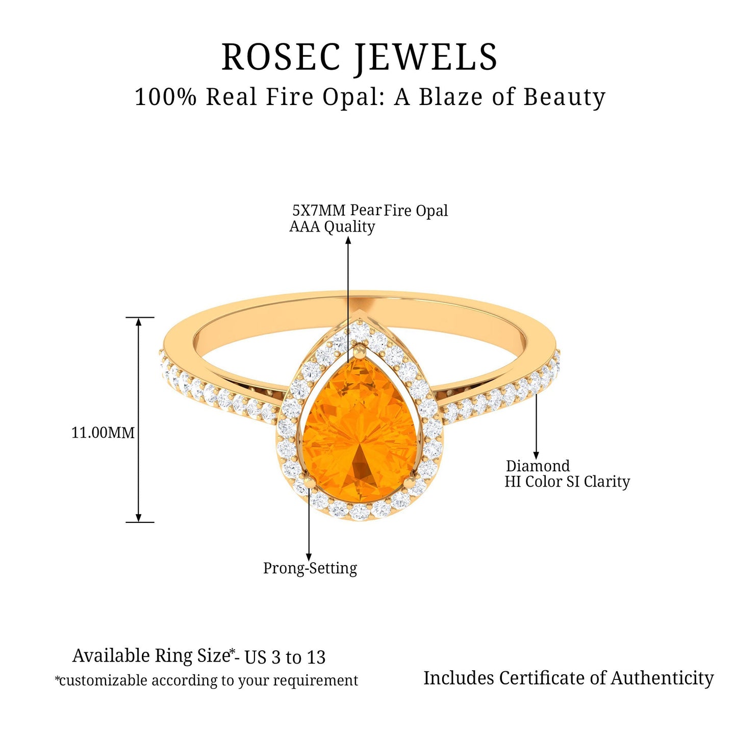 Real 0.6 Carat Fire Opal Teardrop Engagement Ring with Diamond Halo