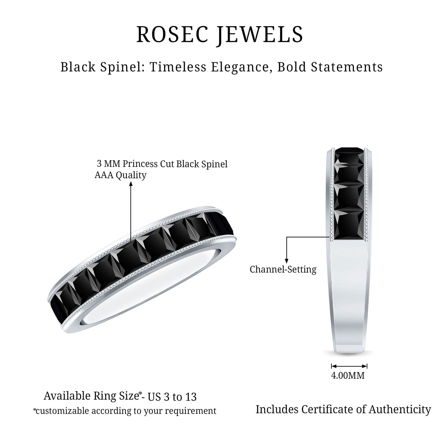 Princess Cut Black Spinel Half Eternity Band Ring