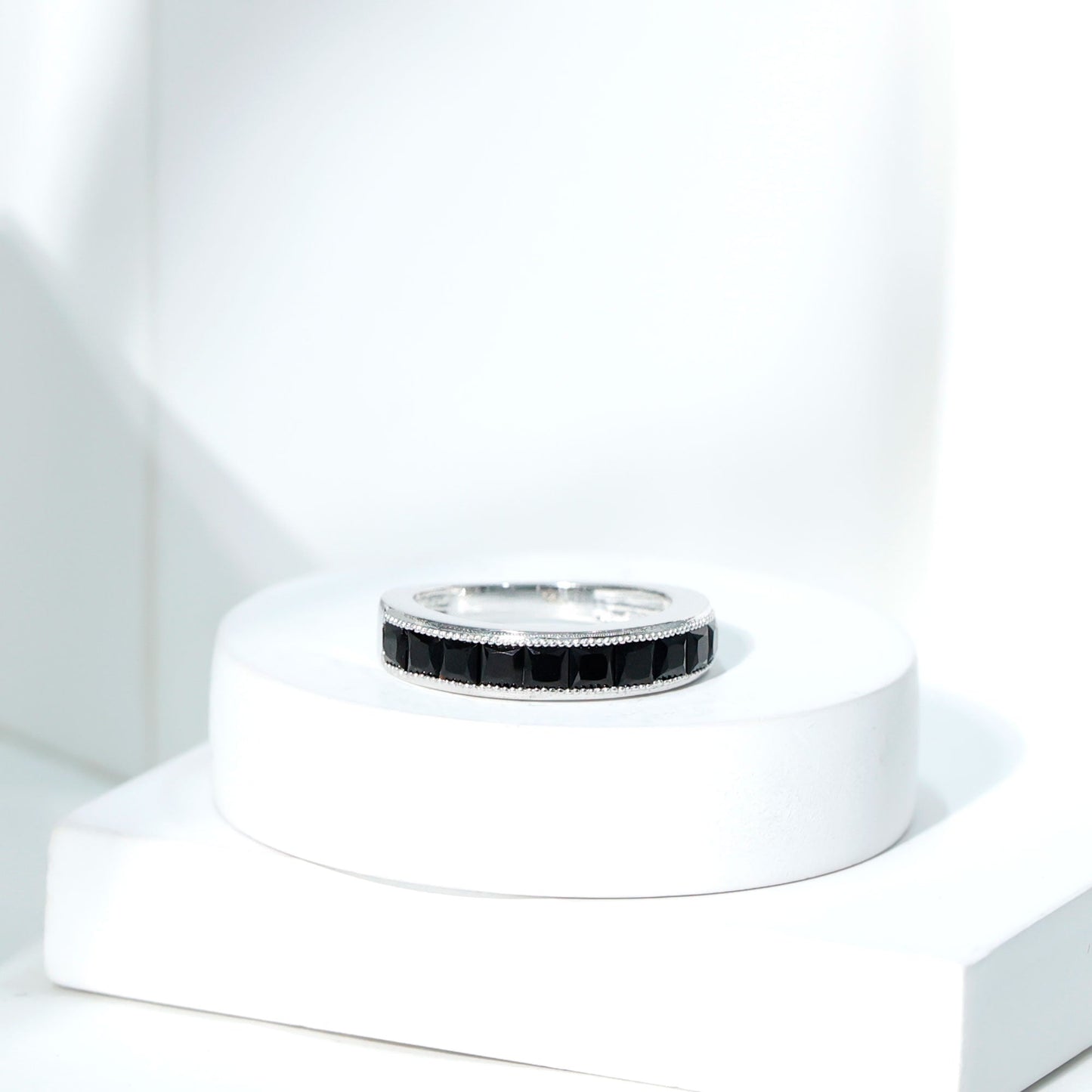 Princess Cut Black Spinel Half Eternity Band Ring