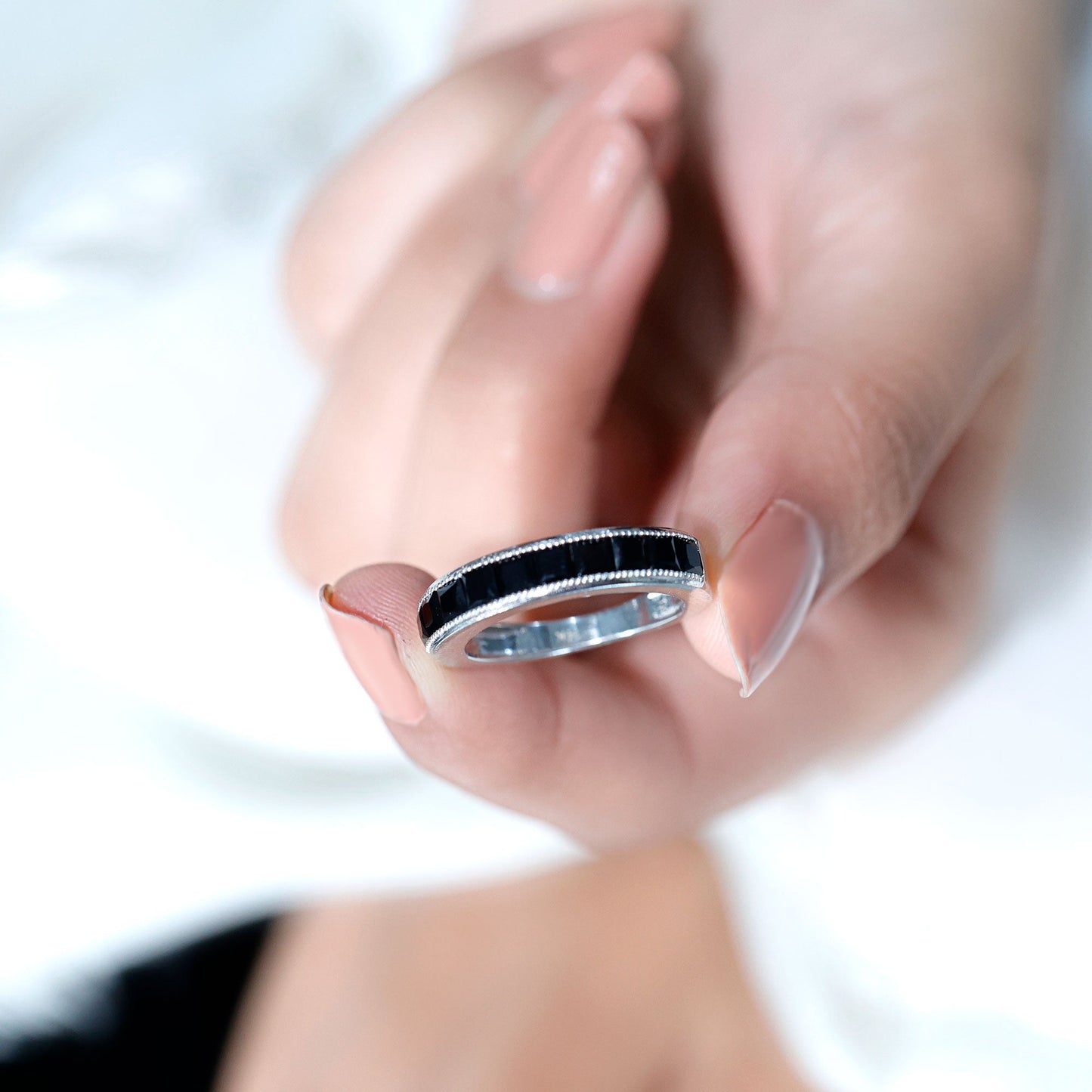 Princess Cut Black Spinel Half Eternity Band Ring