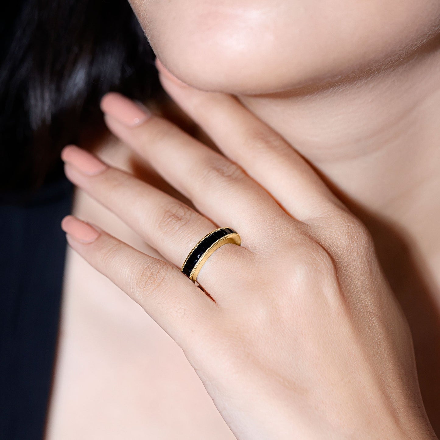 Princess Cut Black Spinel Half Eternity Band Ring
