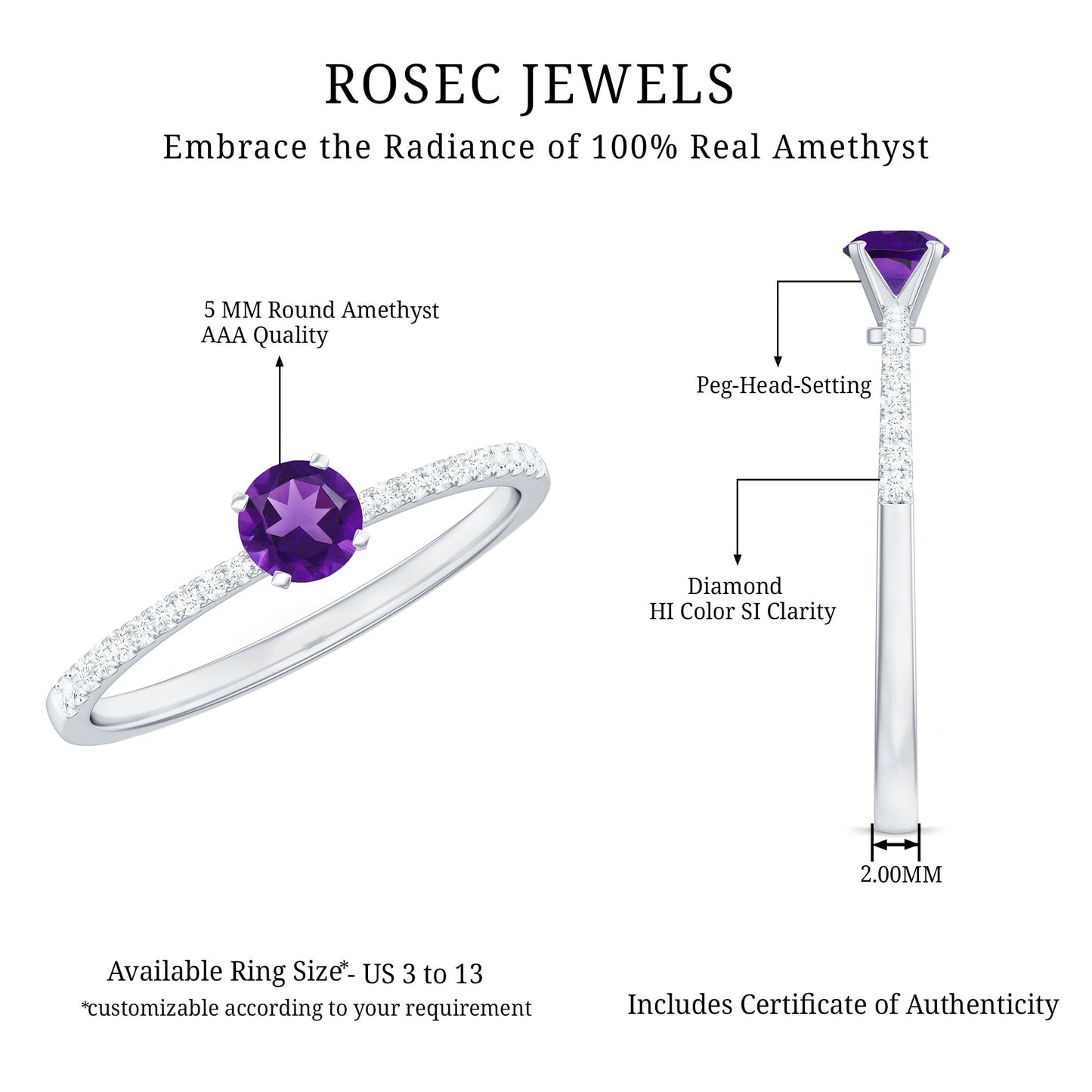 Real Amethyst Promise Ring with Diamond for Women