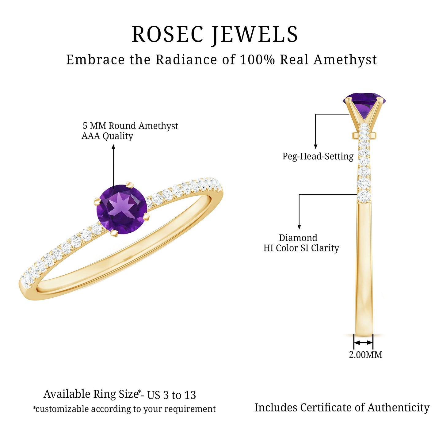 Real Amethyst Promise Ring with Diamond for Women