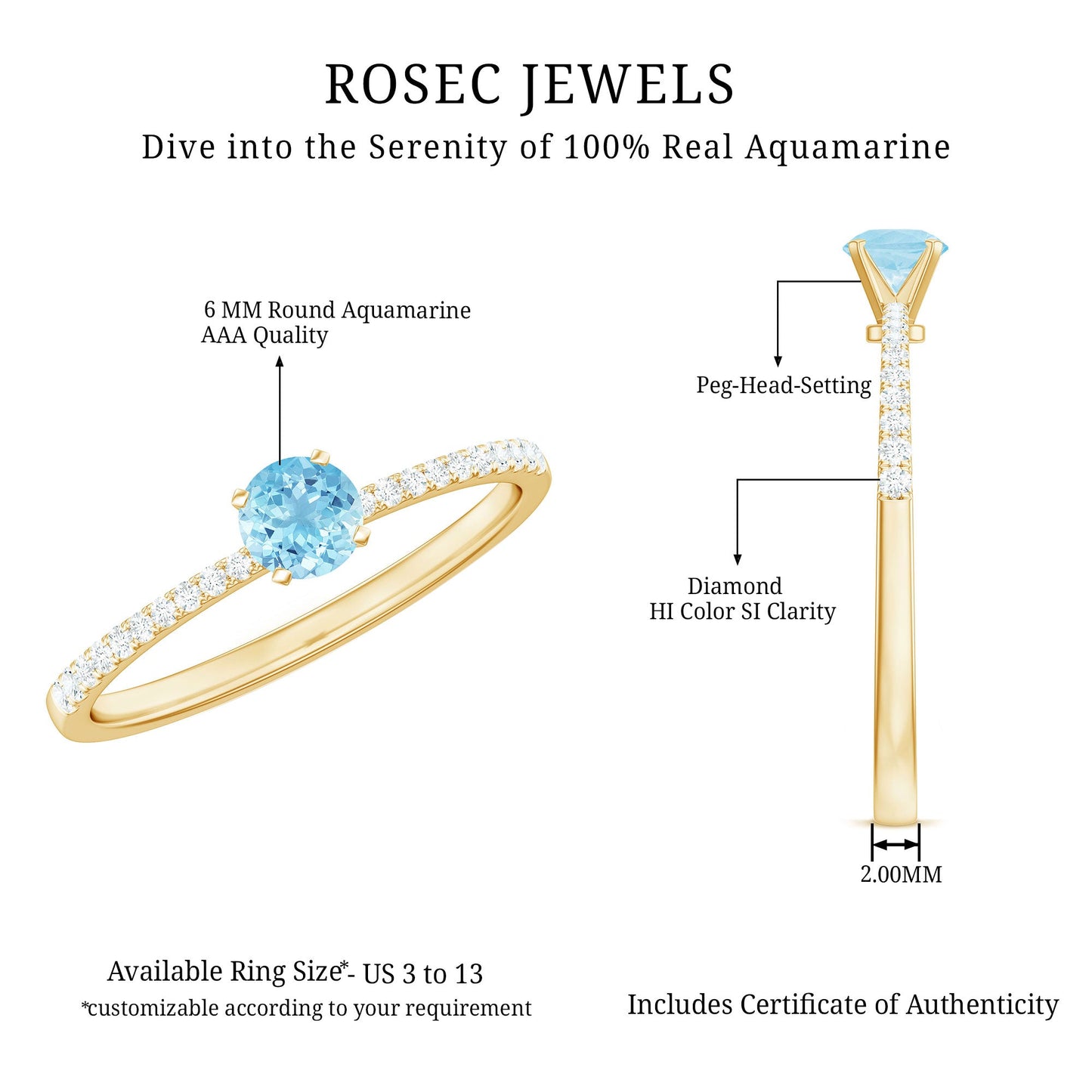 Natural Aquamarine Promise Ring with Diamond Side Stones