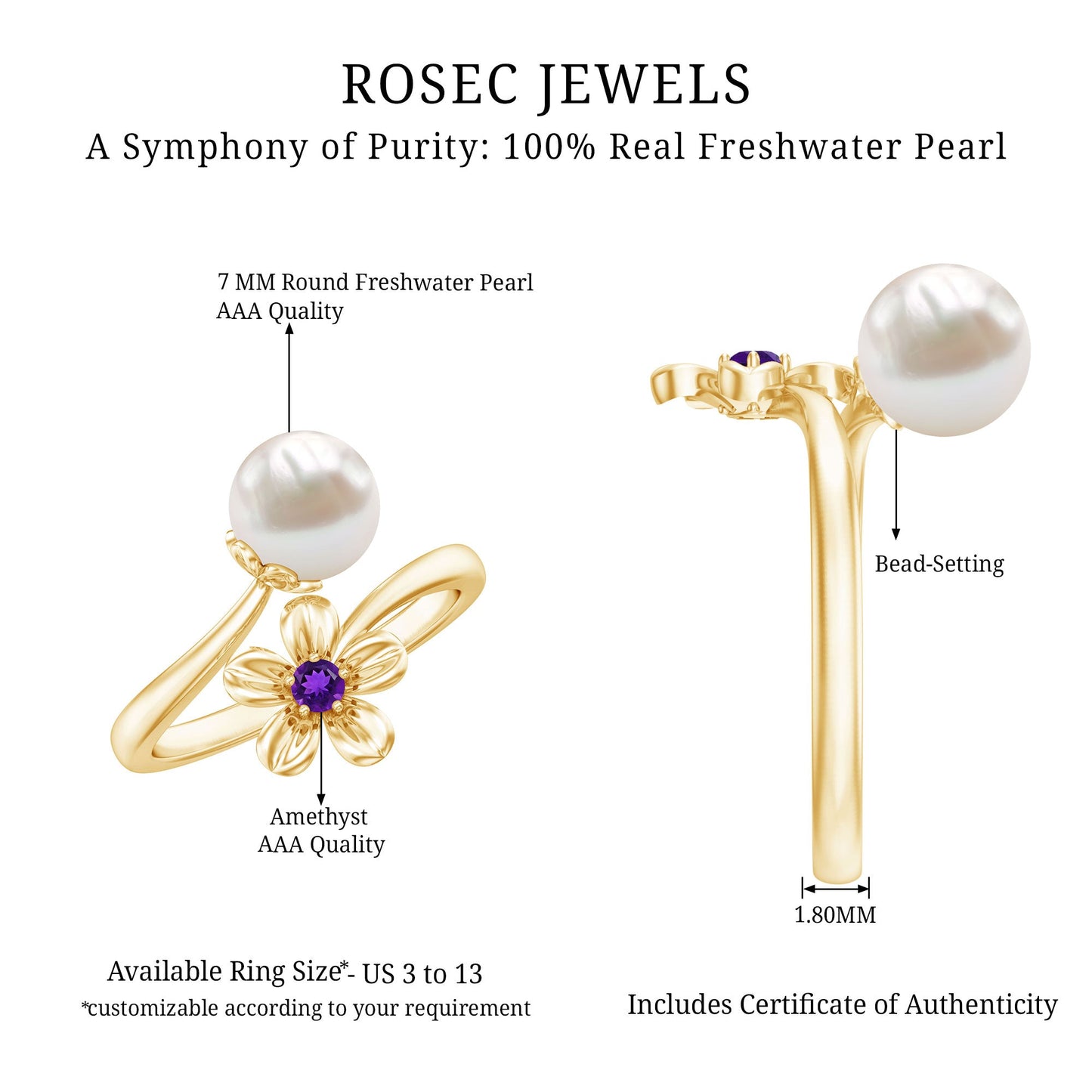 Cultured 3 Carat Freshwater Pearl Flower Ring with Amethyst