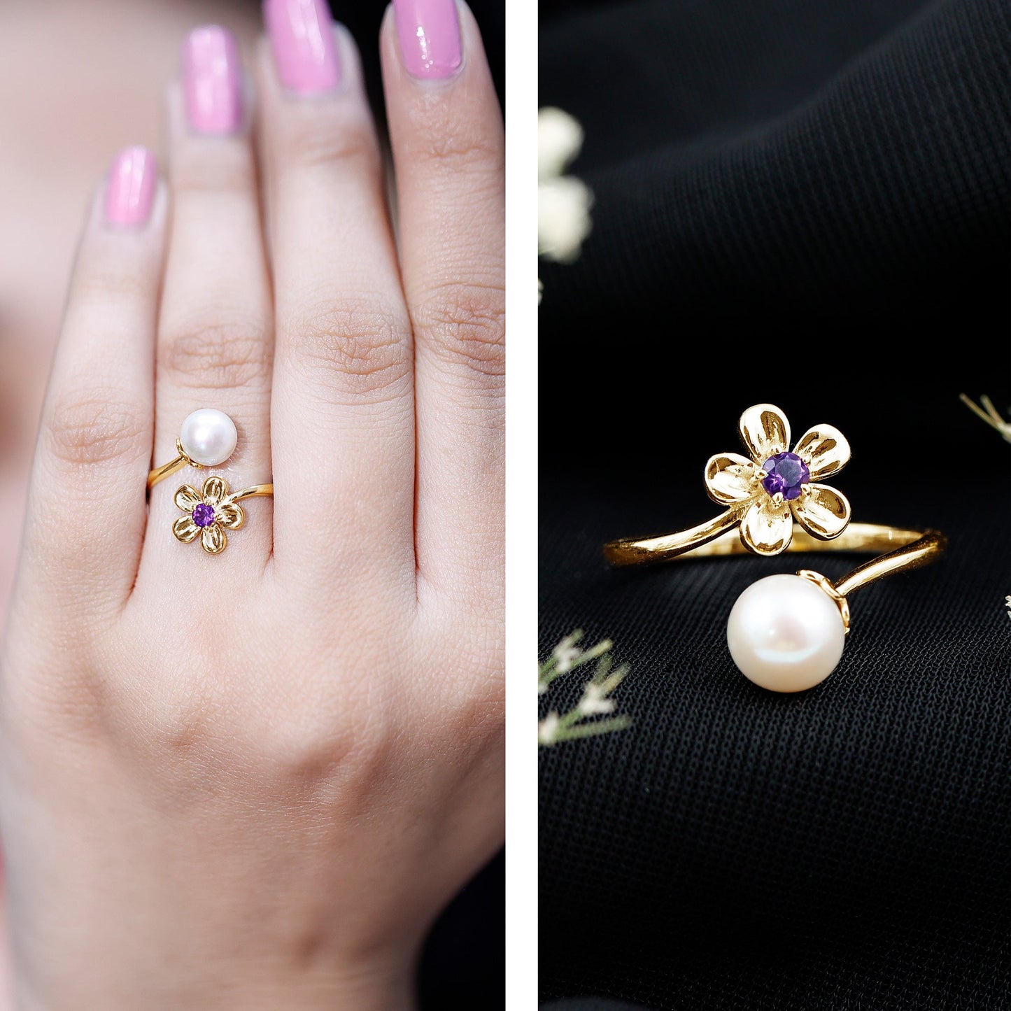 Cultured 3 Carat Freshwater Pearl Flower Ring with Amethyst