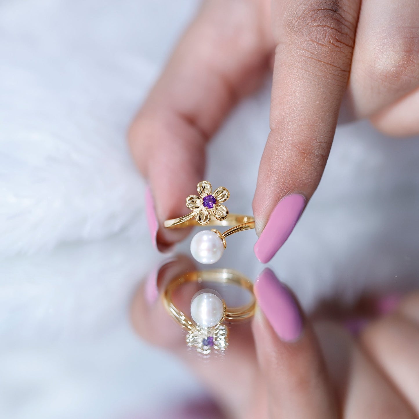 Cultured 3 Carat Freshwater Pearl Flower Ring with Amethyst