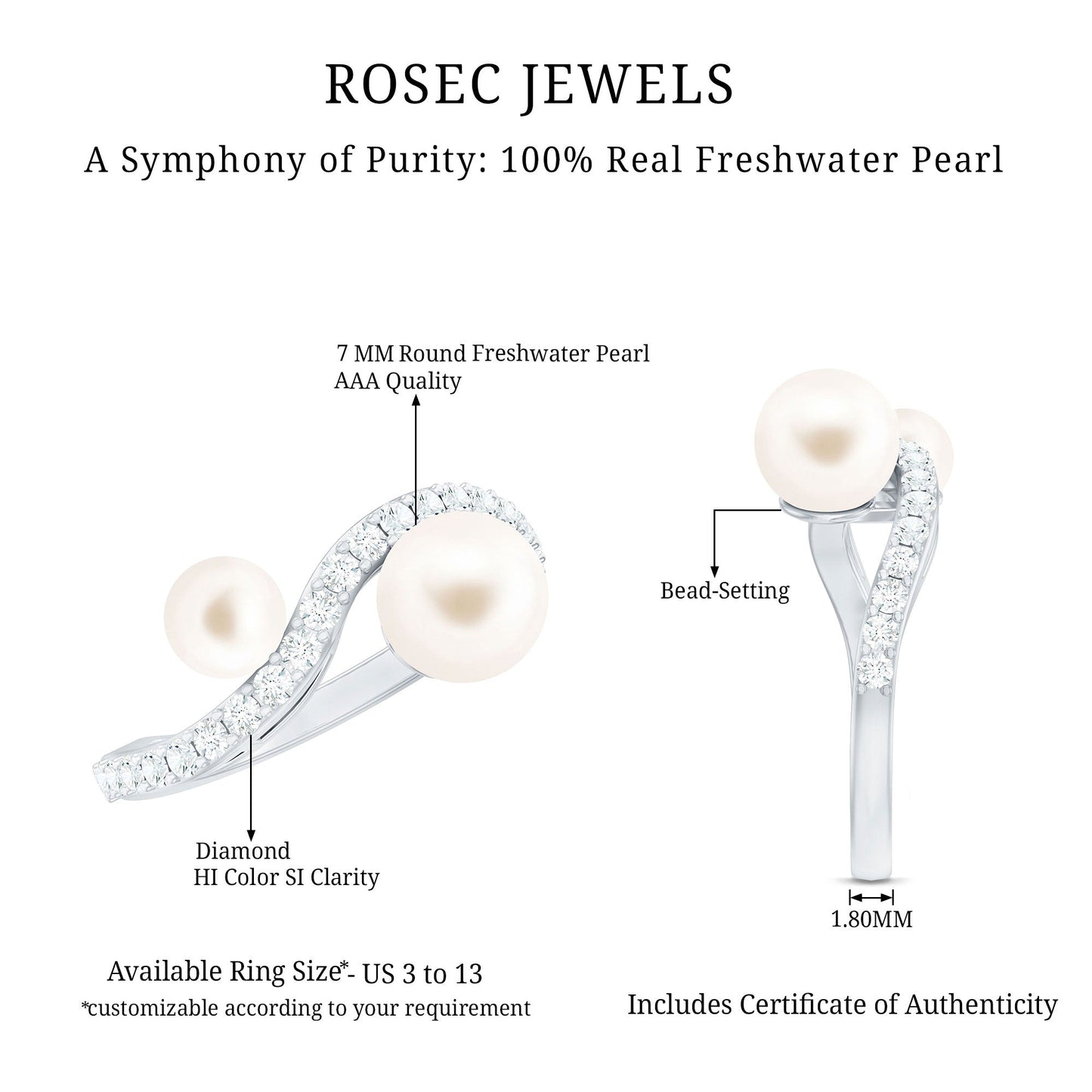 Natural Freshwater Pearl Toi Et Moi Engagement Ring with Diamond