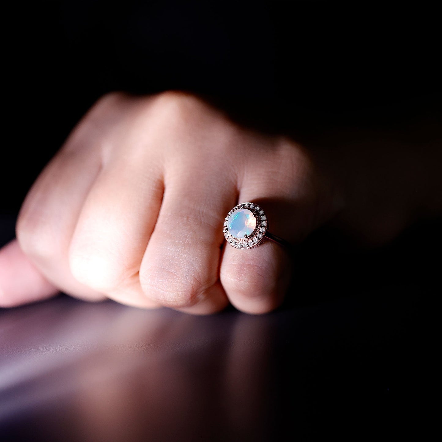 Vintage Inspired 2 Carat Opalescent Engagement Ring with Diamond Halo