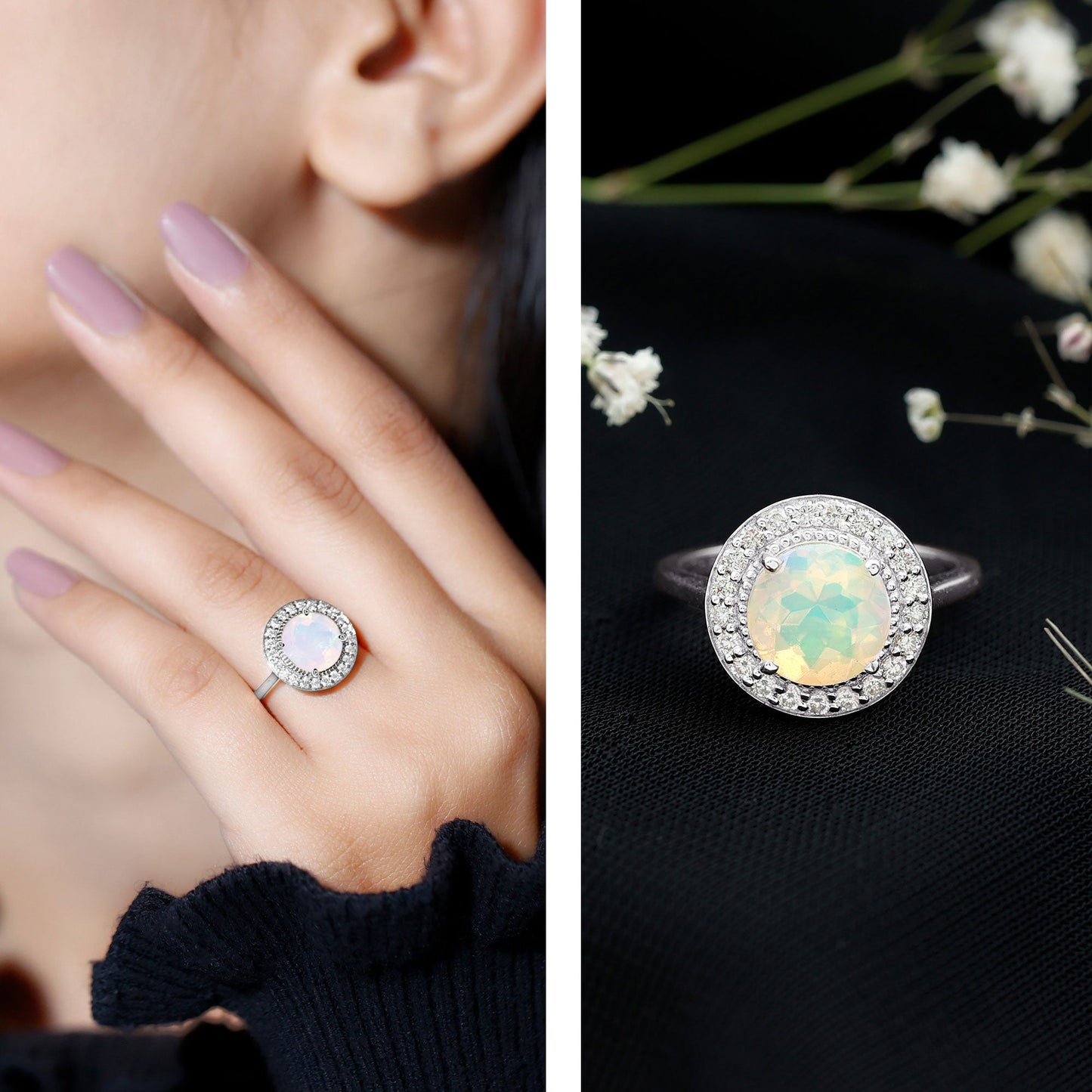 Vintage Inspired 2 Carat Opalescent Engagement Ring with Diamond Halo