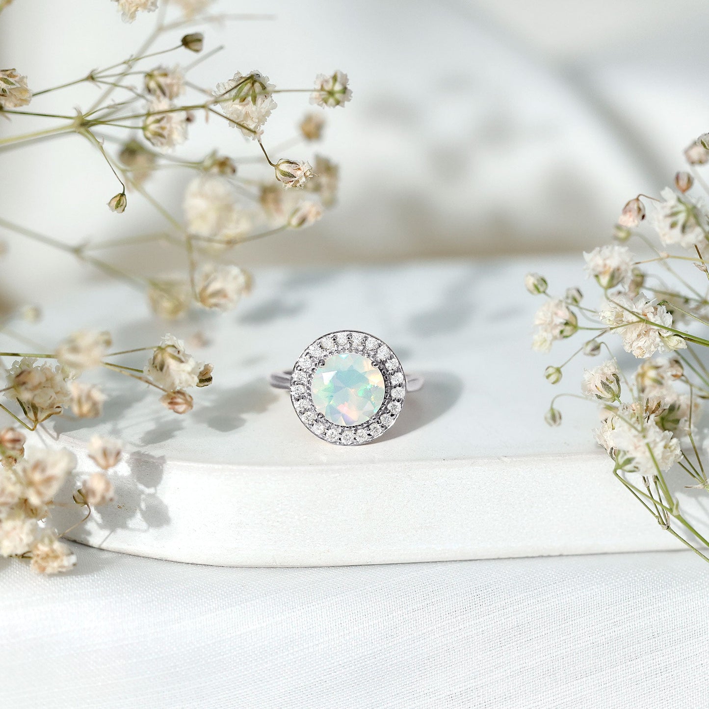 Vintage Inspired 2 Carat Opalescent Engagement Ring with Diamond Halo
