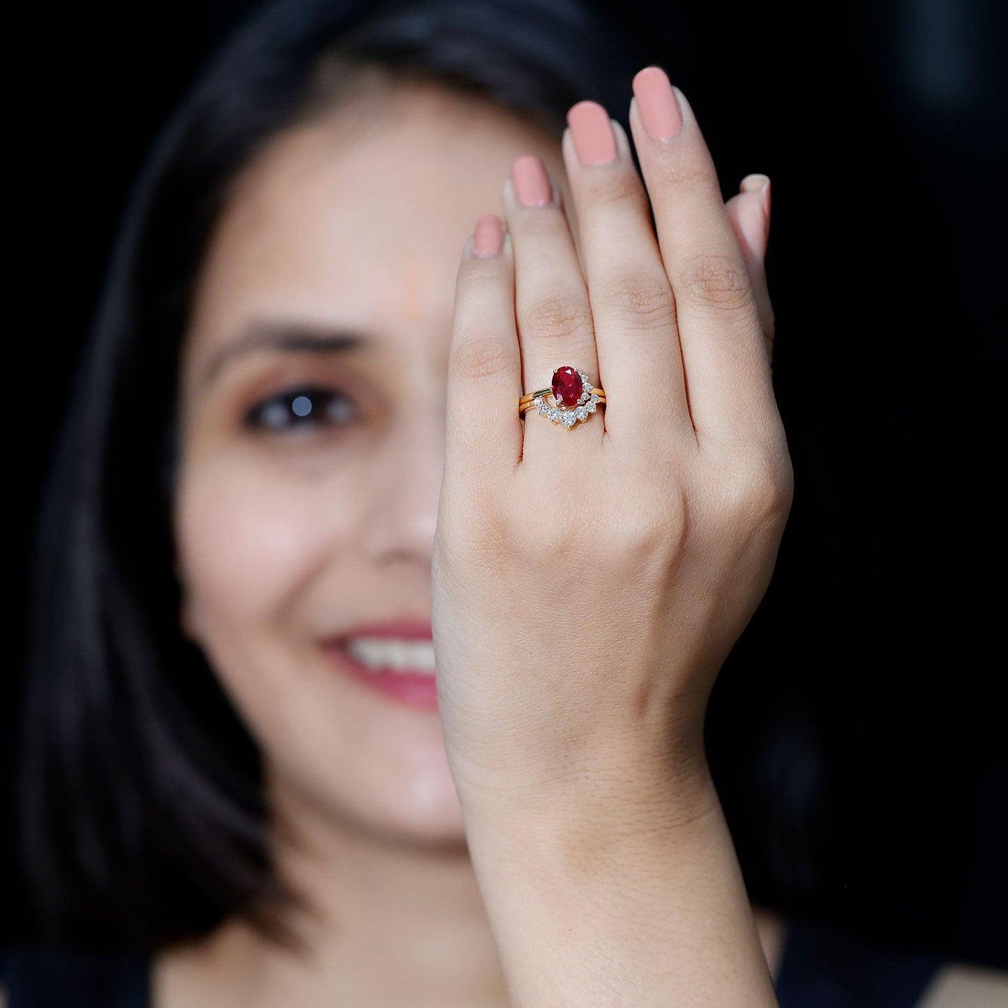 Oval Created Ruby Solitaire Wedding Ring Set with Diamond
