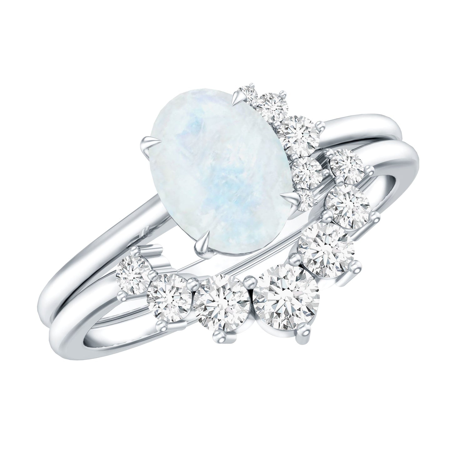 0.6 Carat Oval Moonstone and Diamond Engagement Ring Set