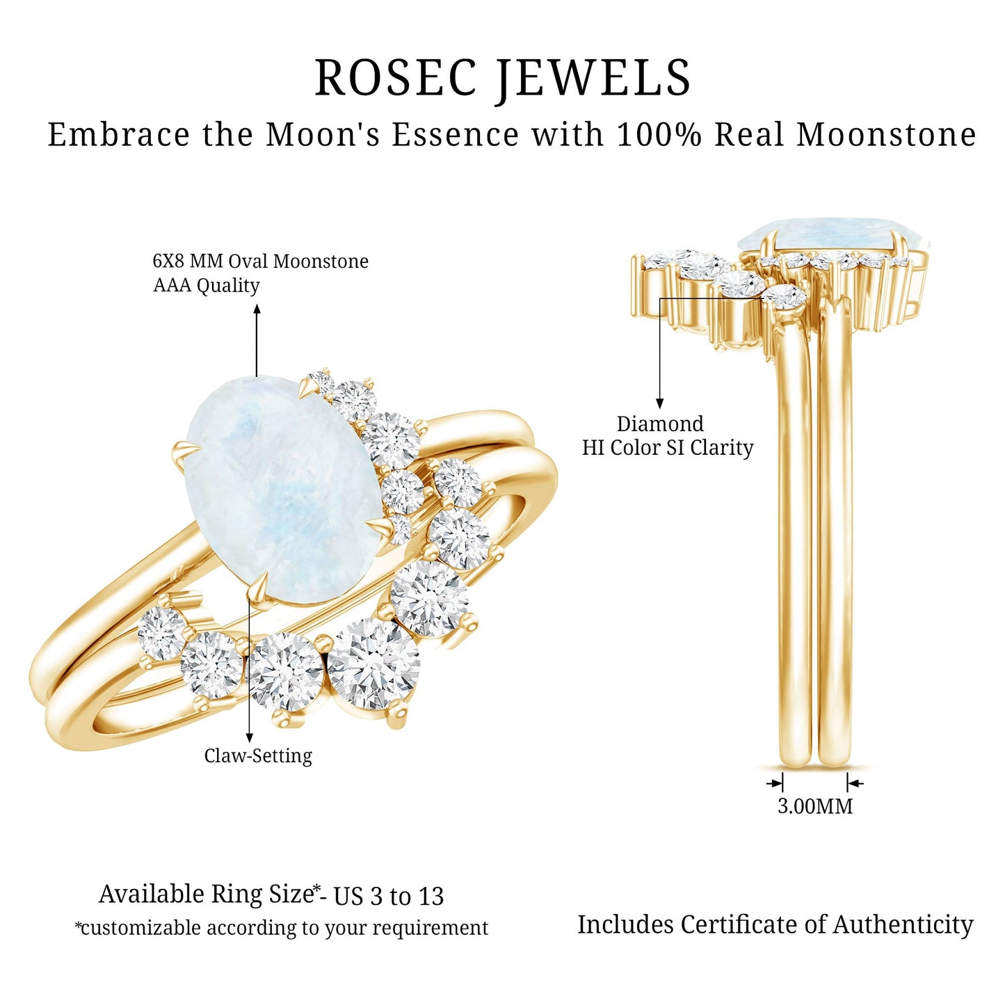 0.6 Carat Oval Moonstone and Diamond Engagement Ring Set