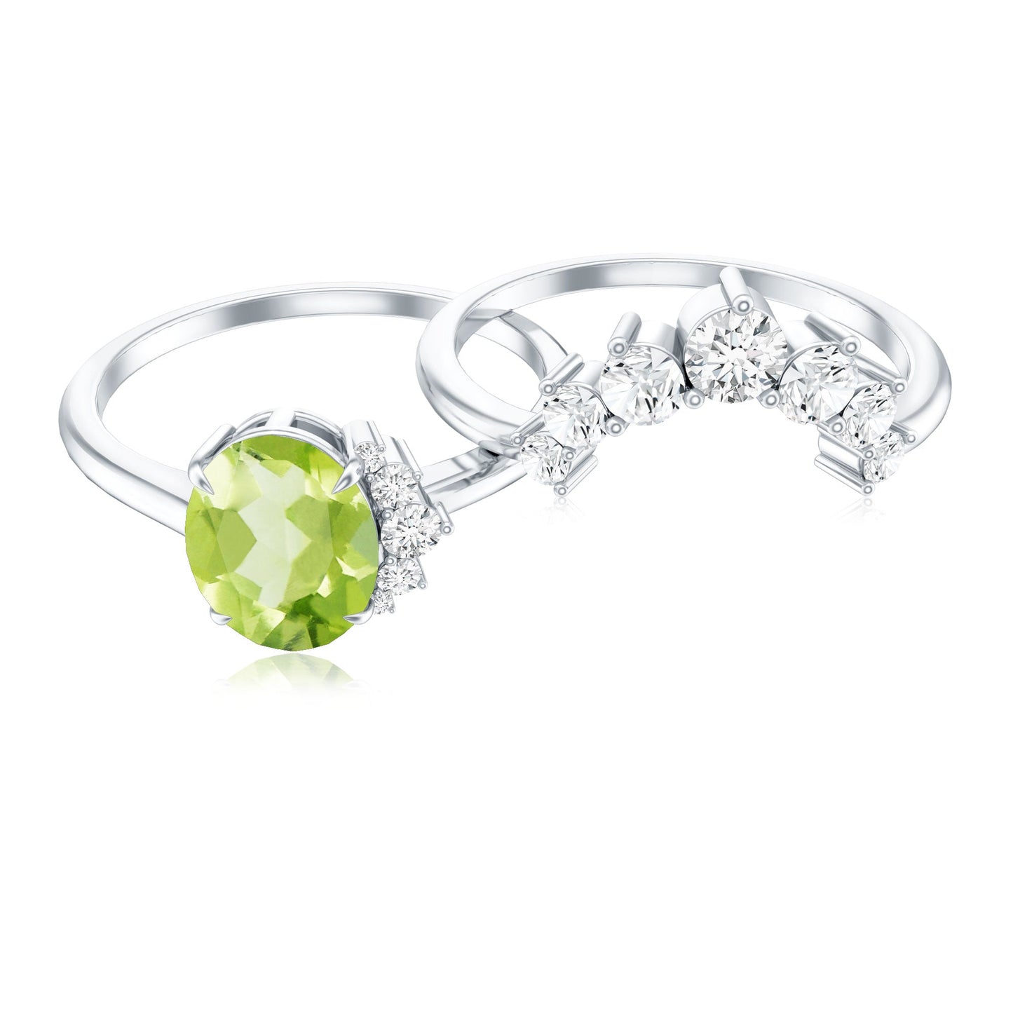 Real 1 Carat Oval Peridot Engagement Ring with Diamond Wedding Band