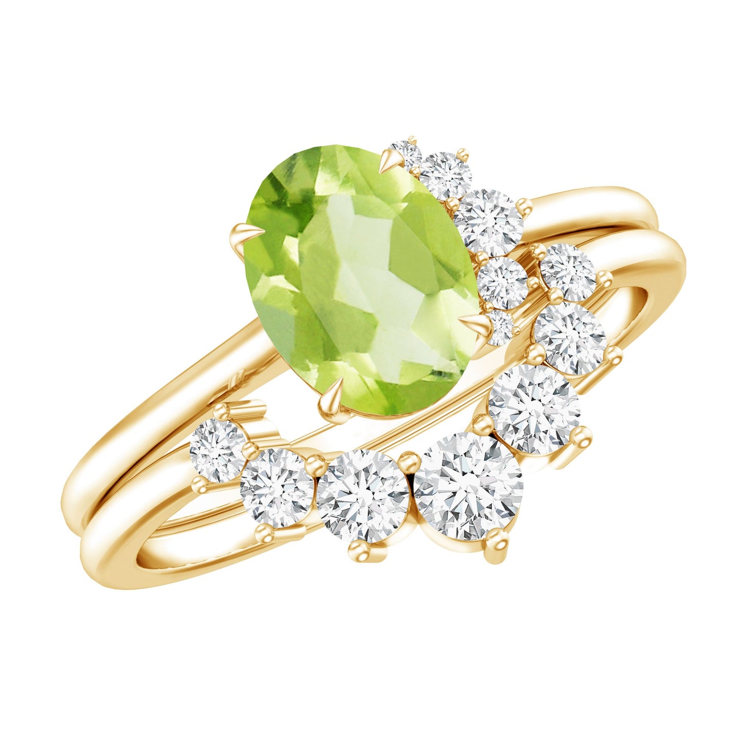 Real 1 Carat Oval Peridot Engagement Ring with Diamond Wedding Band