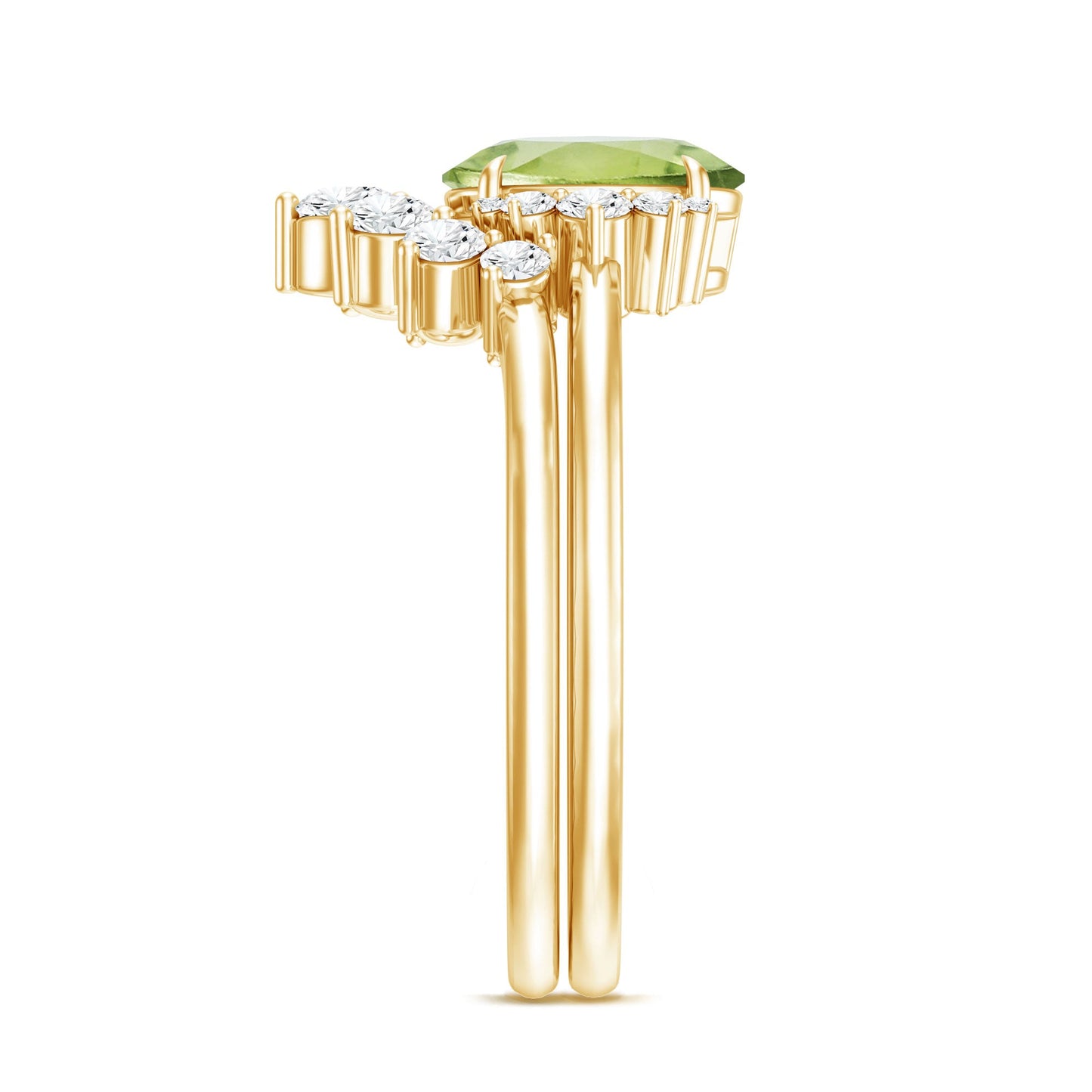 Real 1 Carat Oval Peridot Engagement Ring with Diamond Wedding Band