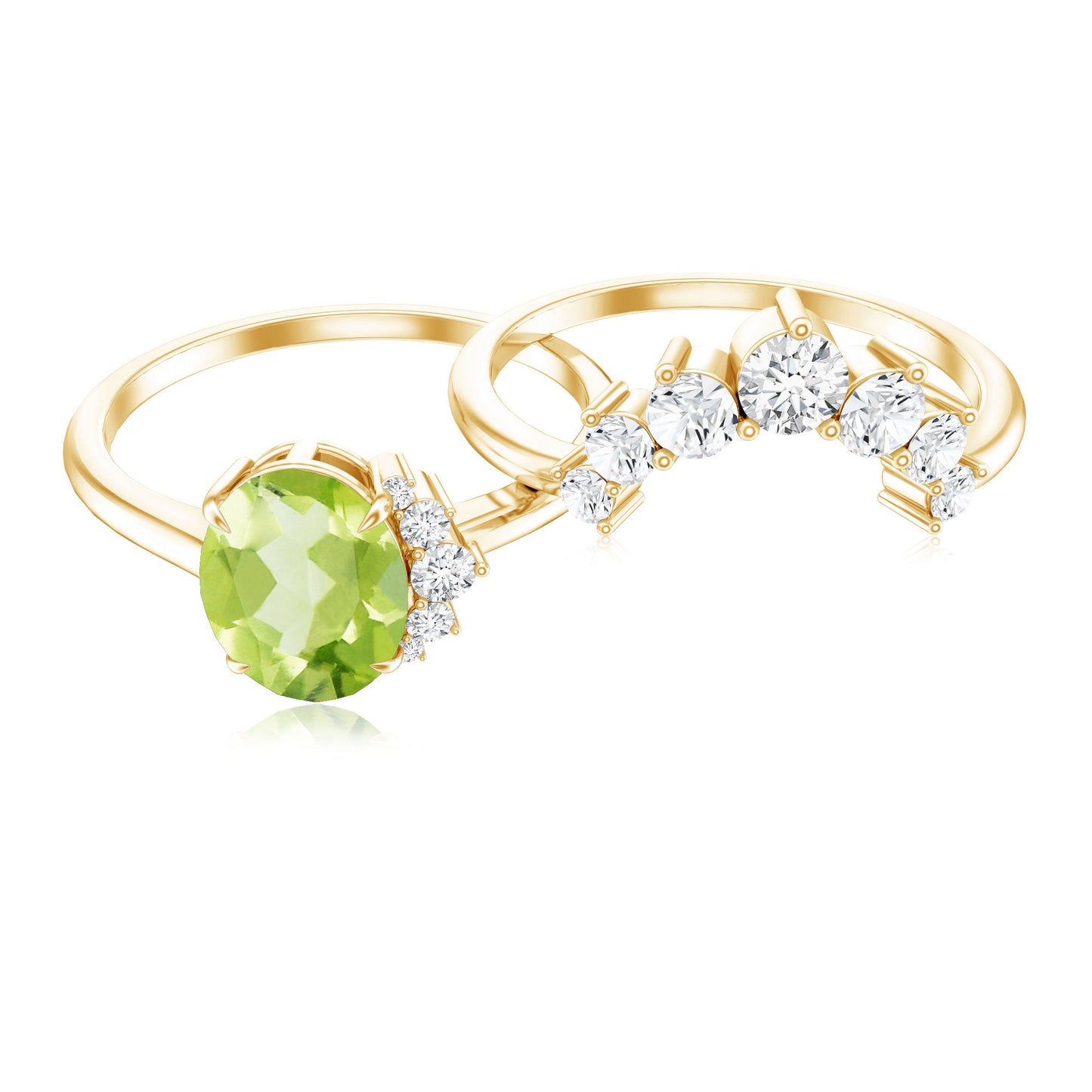 Real 1 Carat Oval Peridot Engagement Ring with Diamond Wedding Band