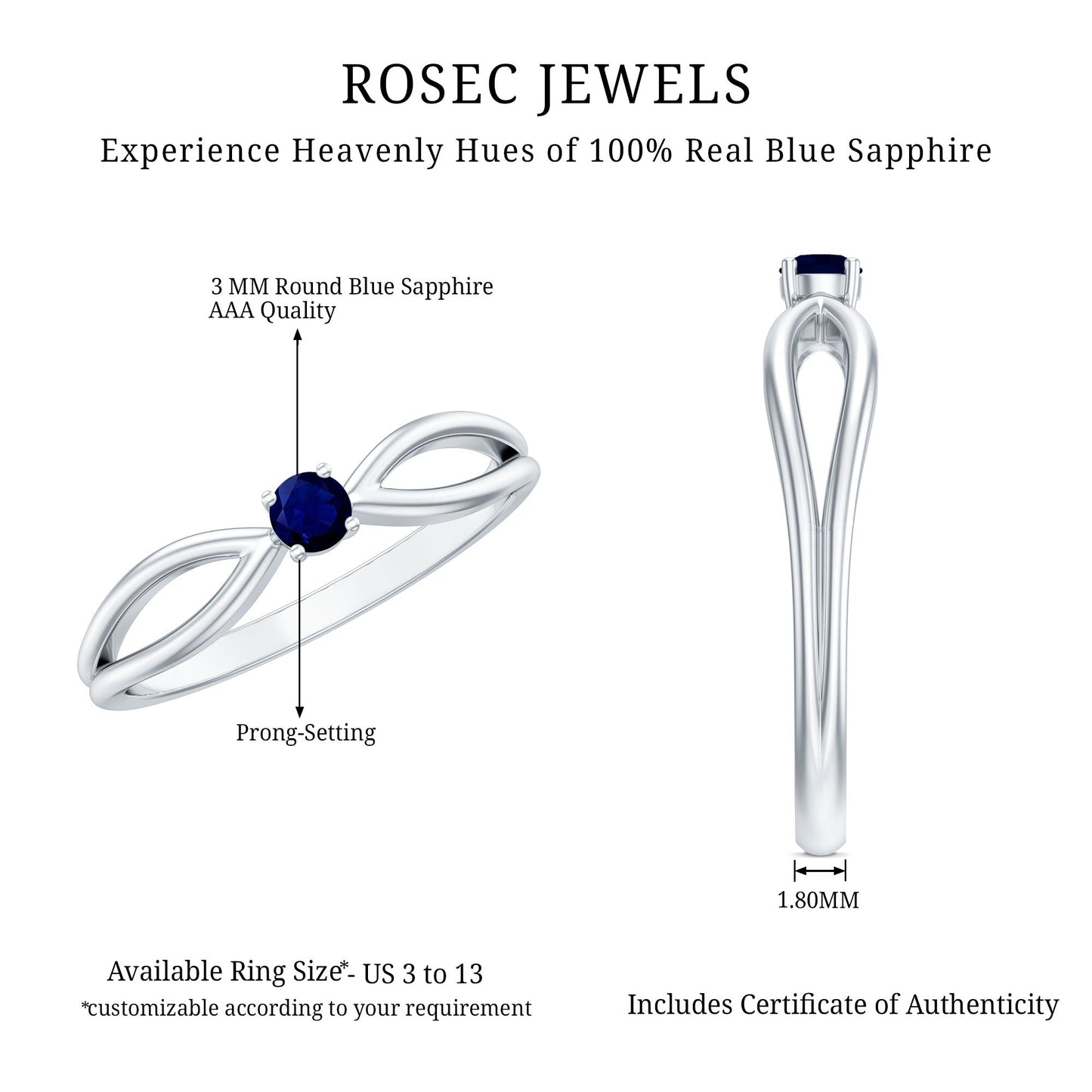 Natural Blue Sapphire Cute Promise Ring with Split Shank