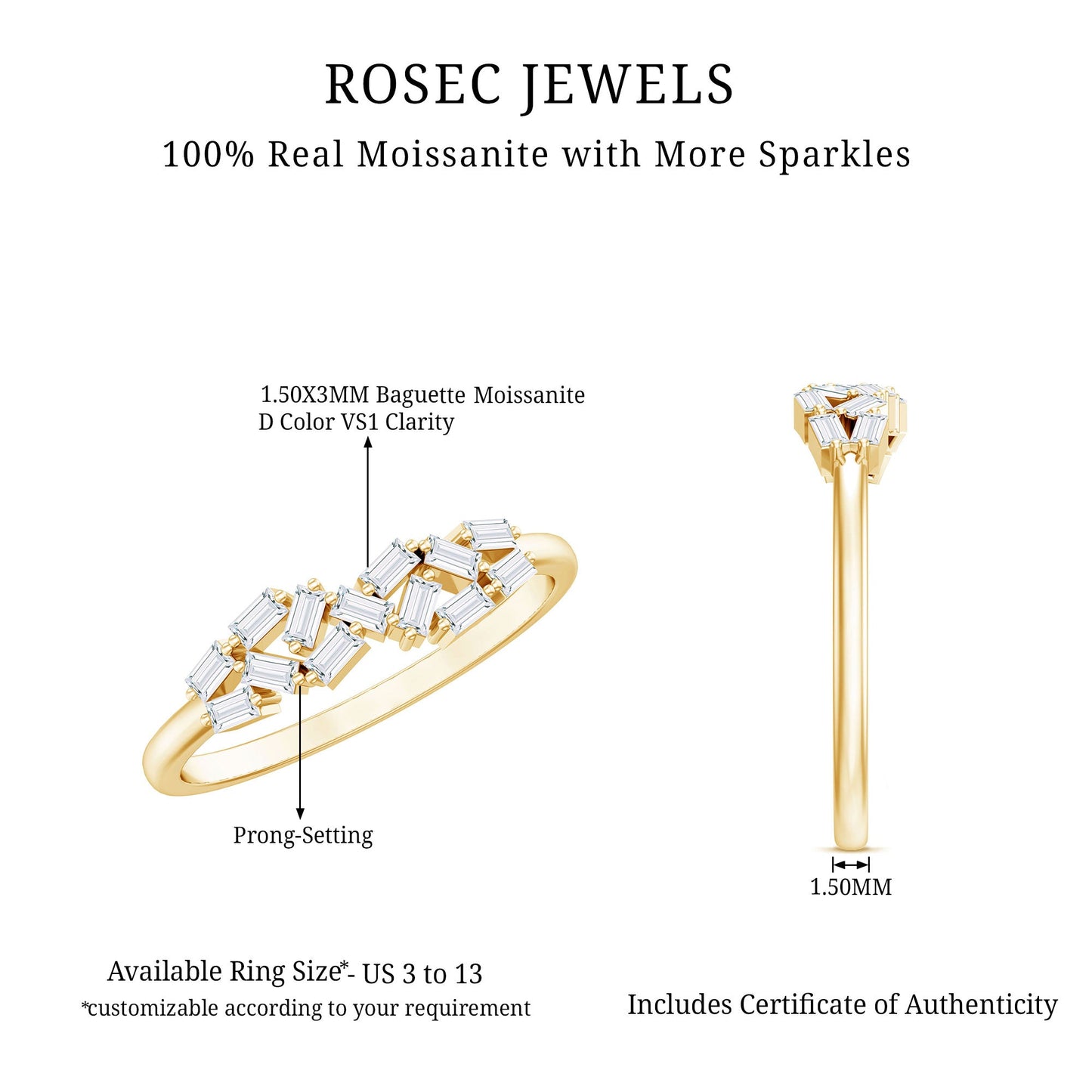 Baguette Moissanite Anniversary Ring in Prong Setting