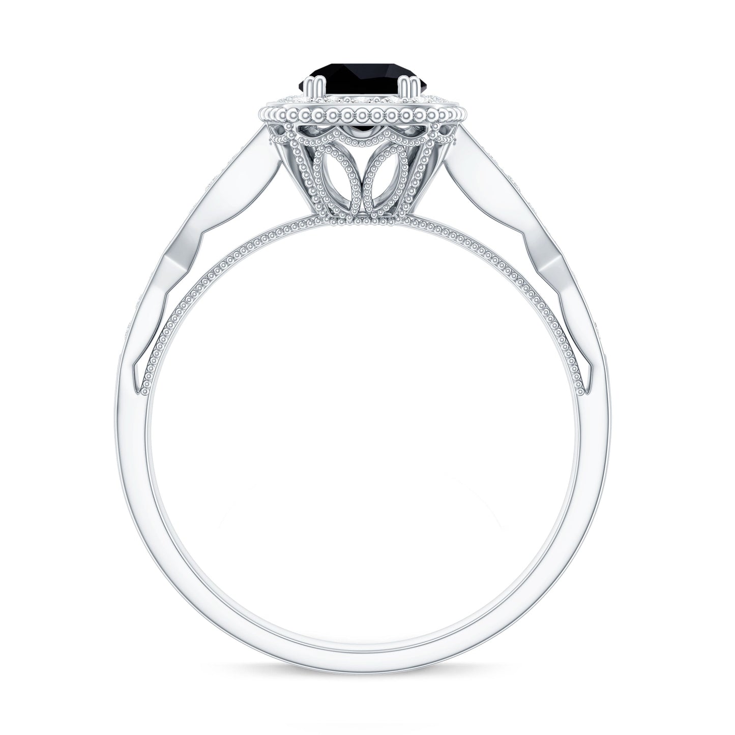 0.4 Carat Round Shape Black Onyx Vintage Engagement Ring with Diamond Halo