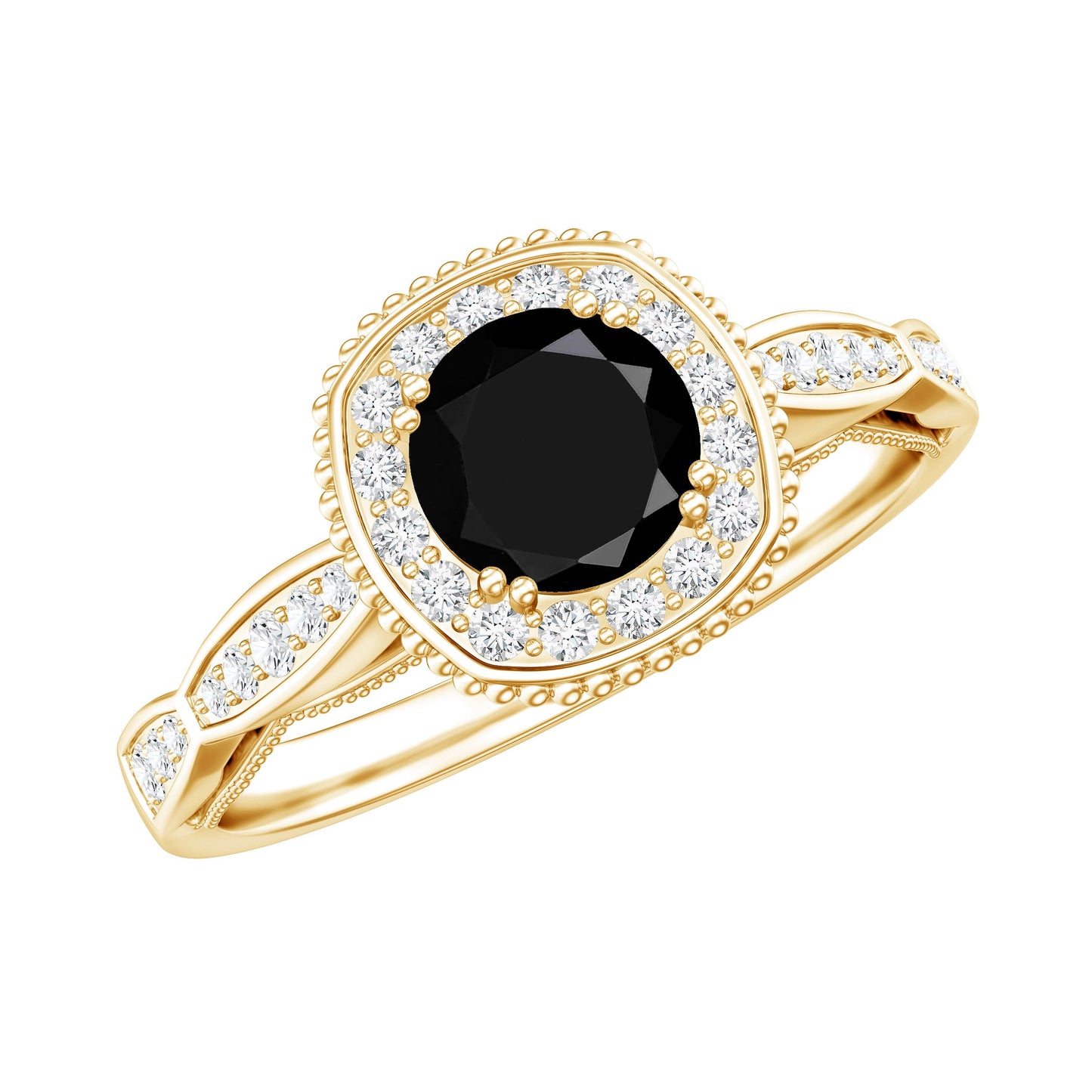 0.4 Carat Round Shape Black Onyx Vintage Engagement Ring with Diamond Halo