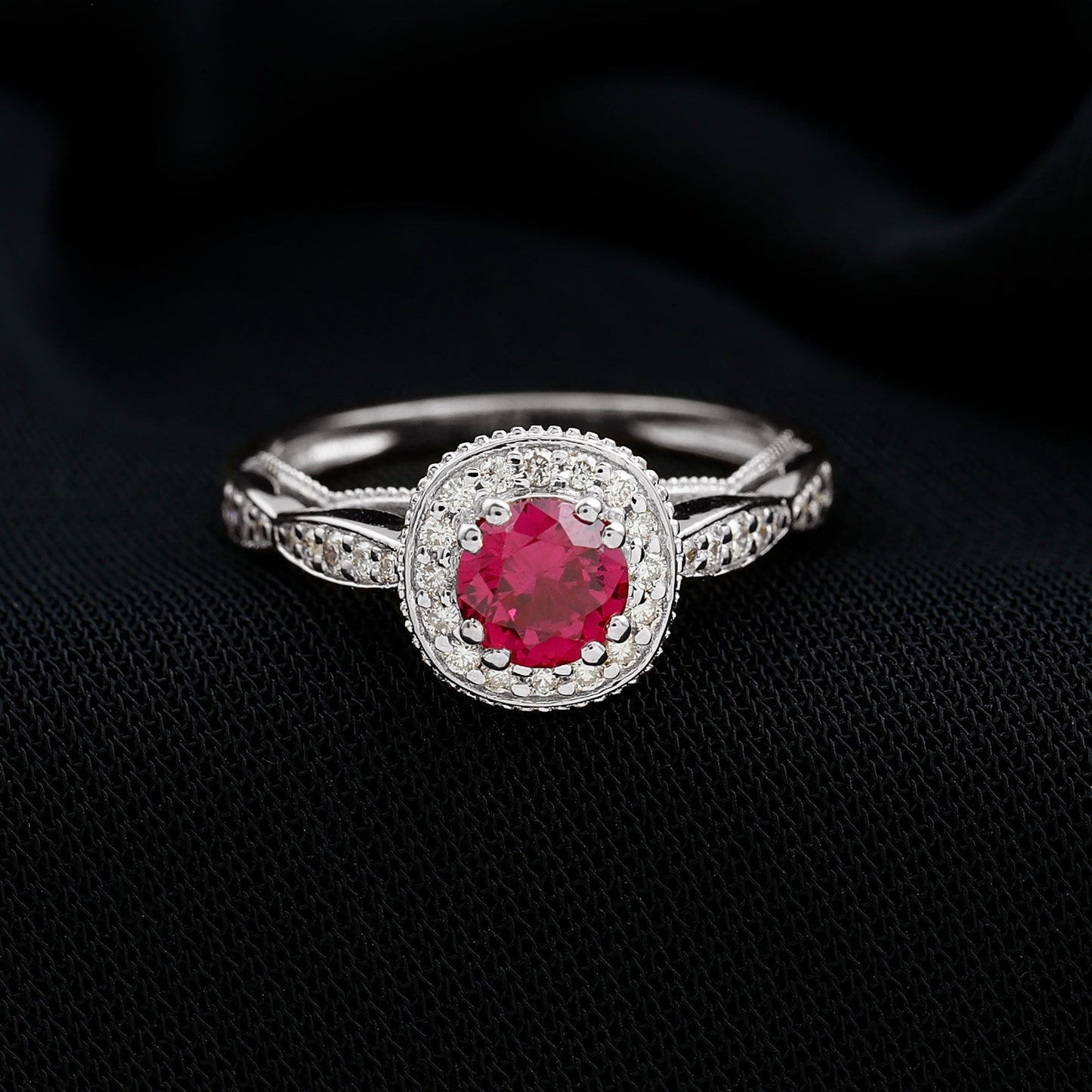 Vintage Inspired Round Created Ruby Engagement Ring with Diamond Halo