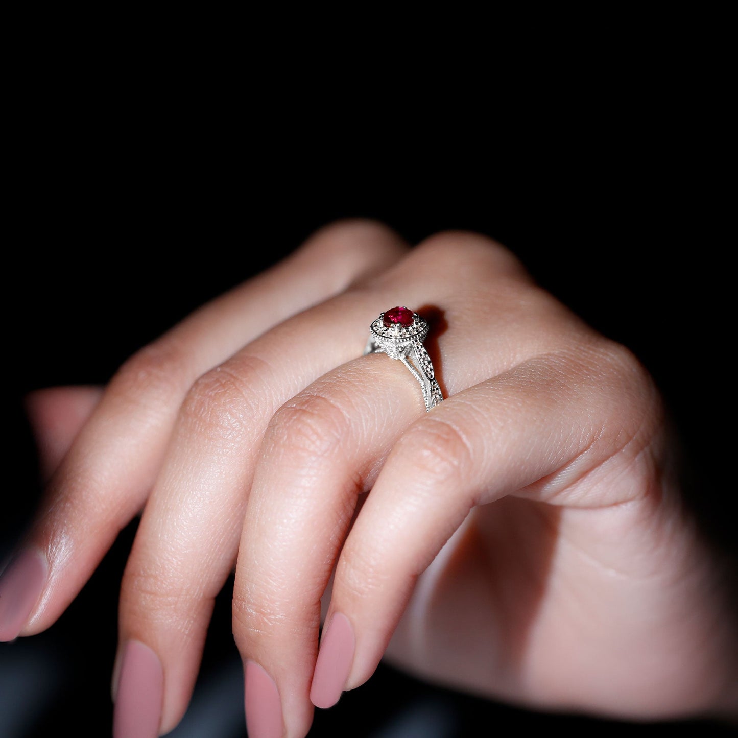 Vintage Inspired Round Created Ruby Engagement Ring with Diamond Halo