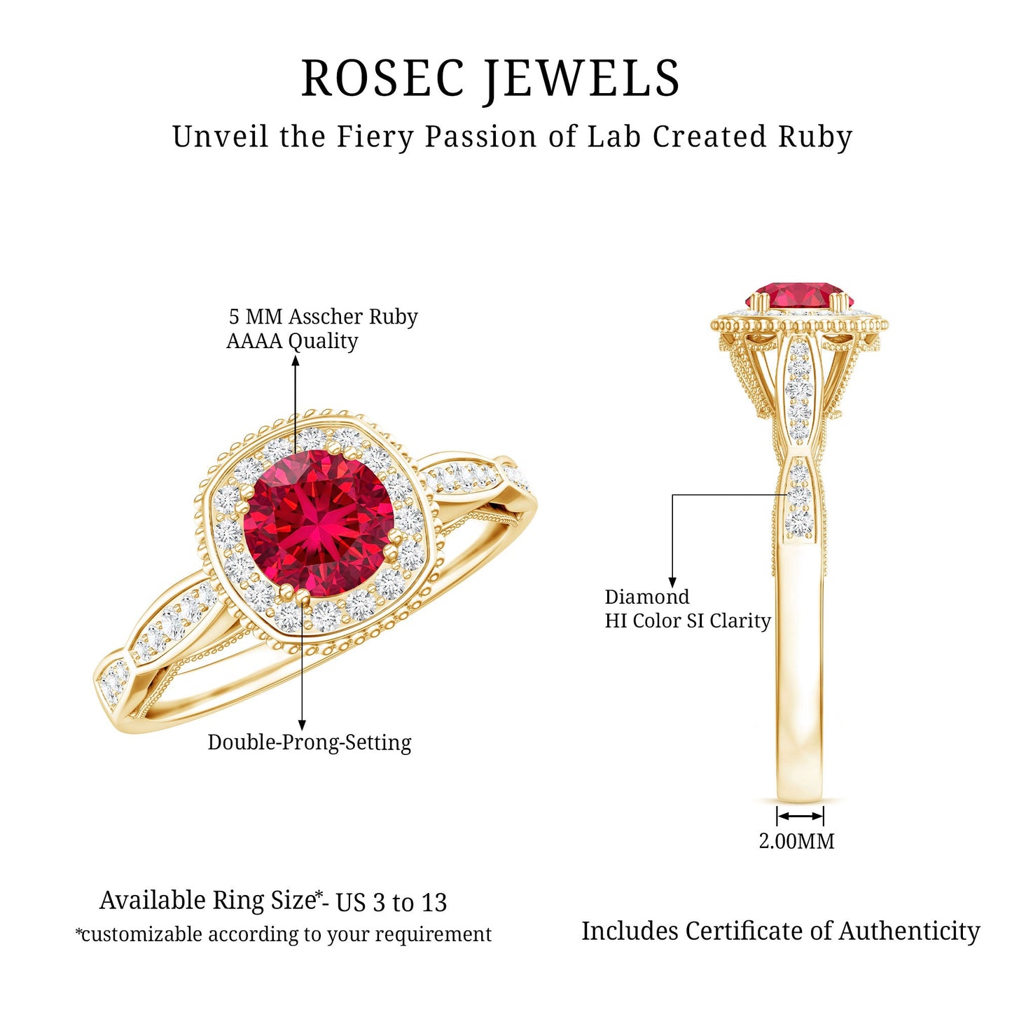 Vintage Inspired Round Created Ruby Engagement Ring with Diamond Halo