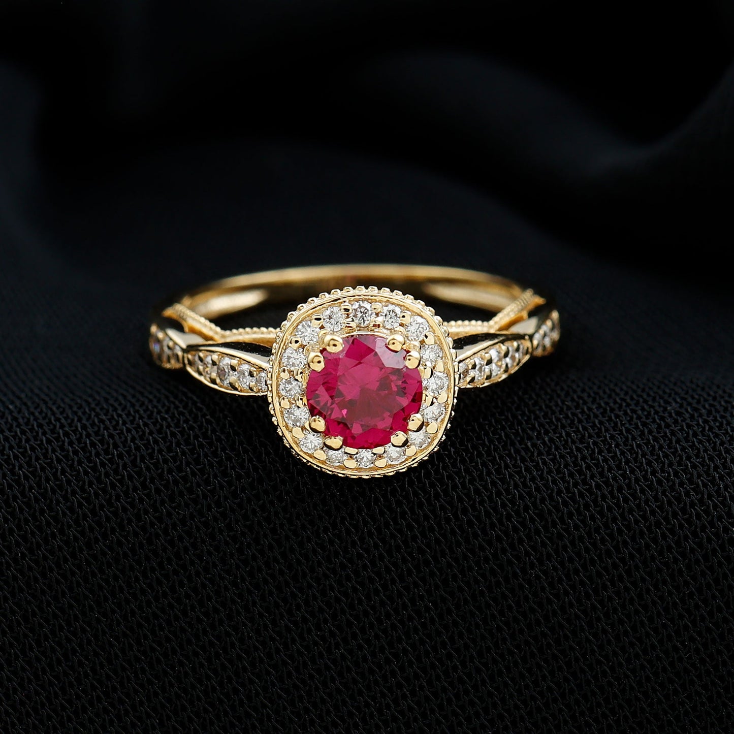 Vintage Inspired Round Created Ruby Engagement Ring with Diamond Halo