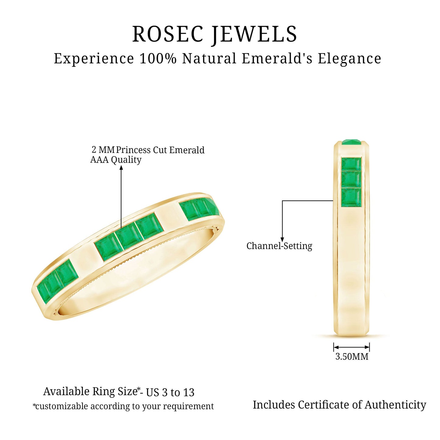 Princess Cut Emerald Mens Wedding Band in Channel Setting