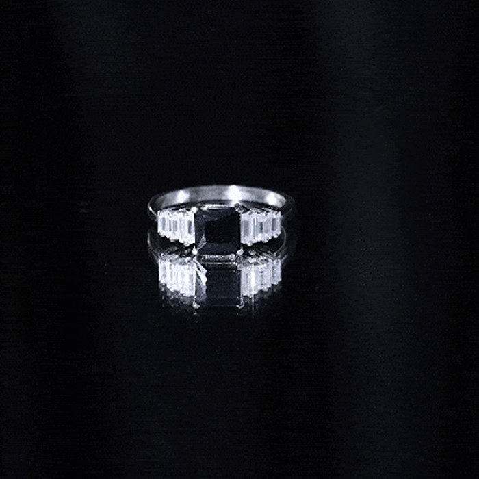 Asscher Cut Black Onyx Engagement Ring with Baguette Moissanite