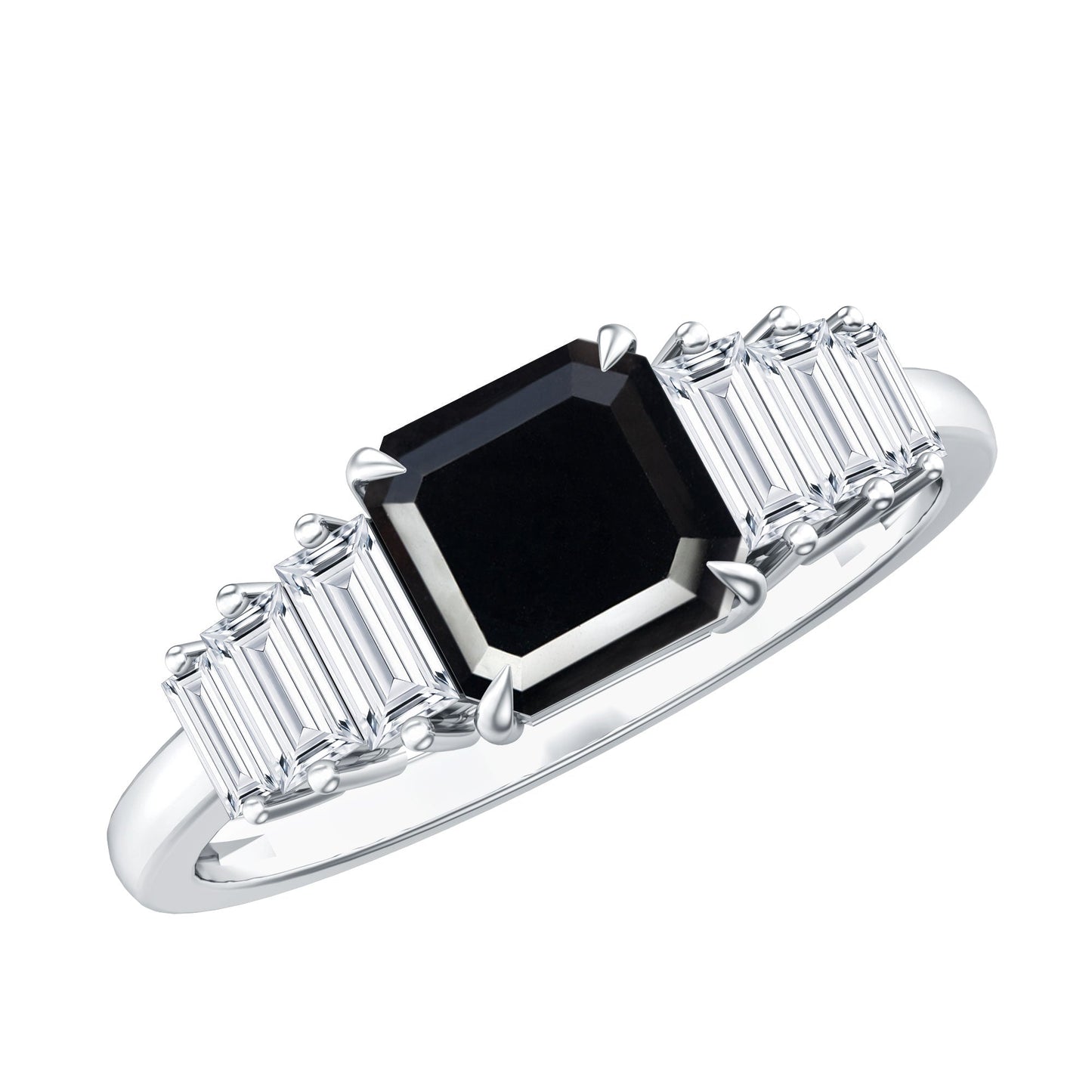 Asscher Cut Black Onyx Engagement Ring with Baguette Moissanite