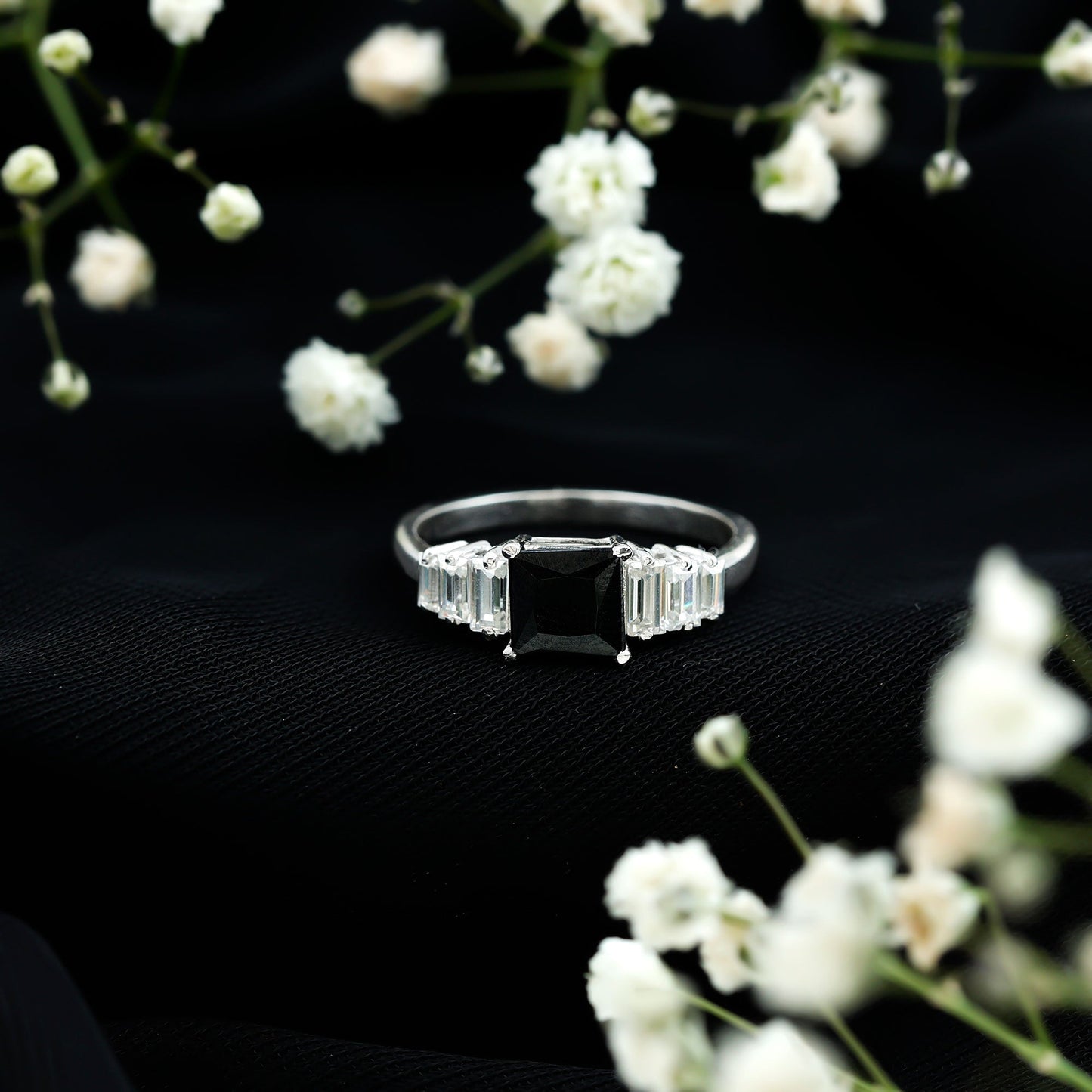 Asscher Cut Black Onyx Engagement Ring with Baguette Moissanite