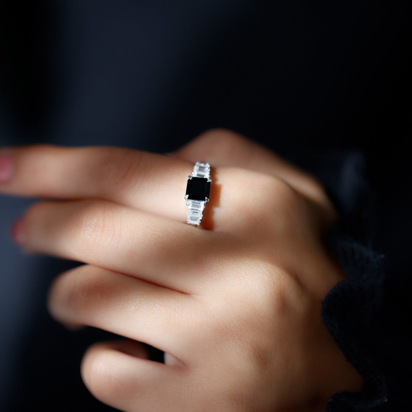 Asscher Cut Black Onyx Engagement Ring with Baguette Moissanite