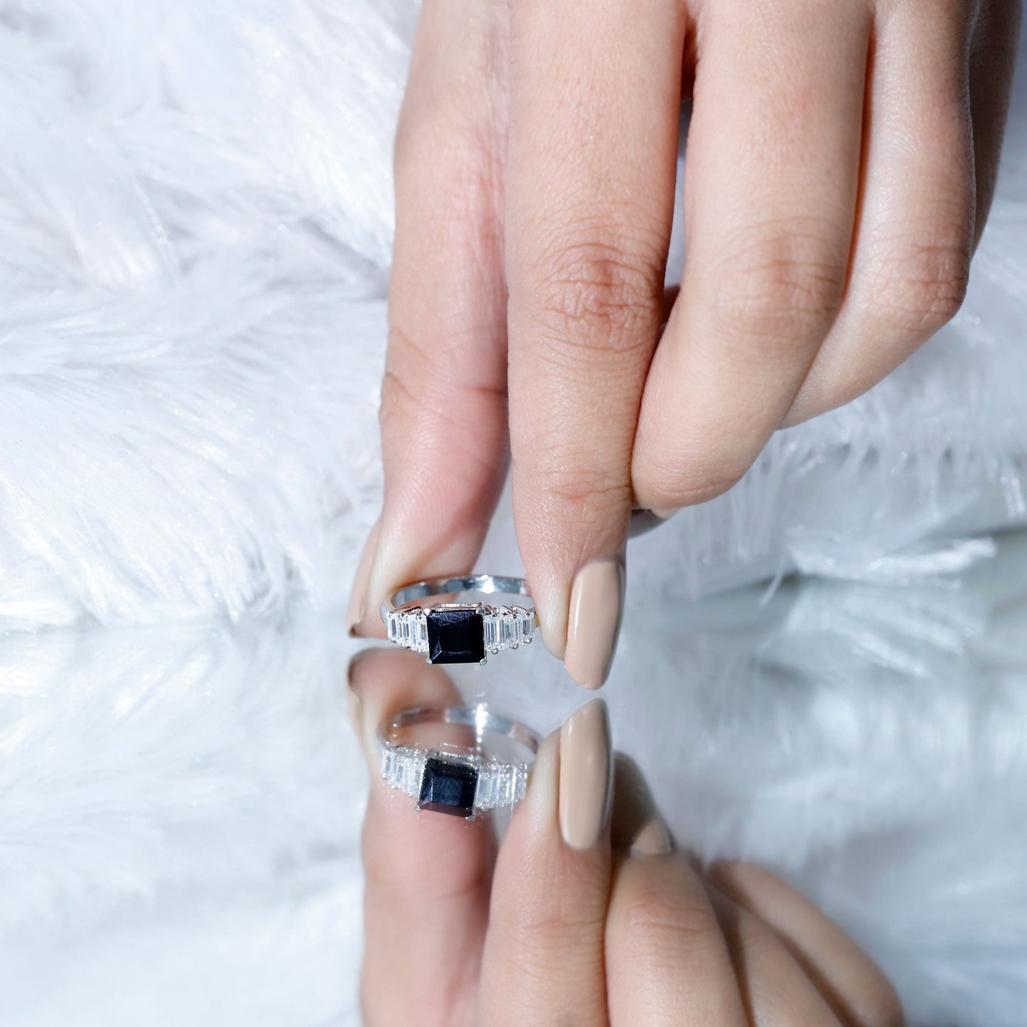 Asscher Cut Black Onyx Engagement Ring with Baguette Moissanite