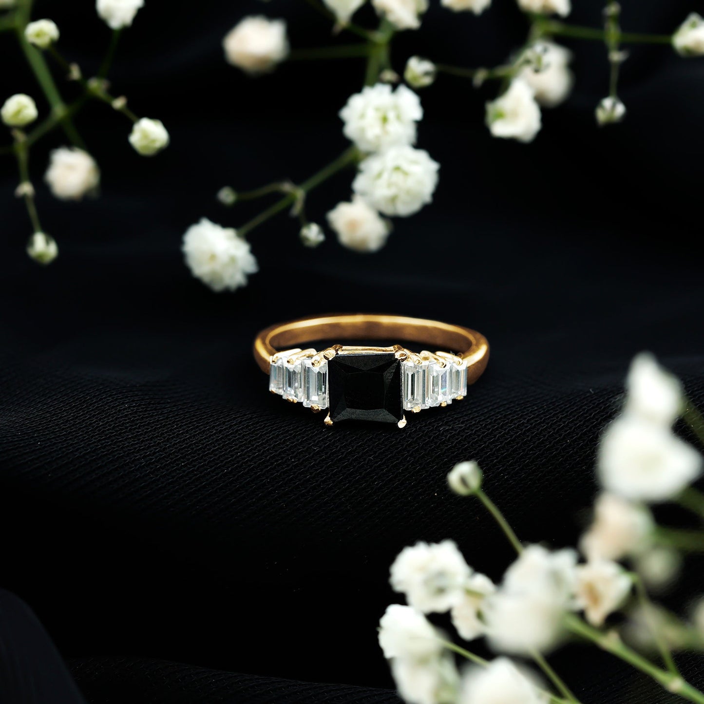 Asscher Cut Black Onyx Engagement Ring with Baguette Moissanite