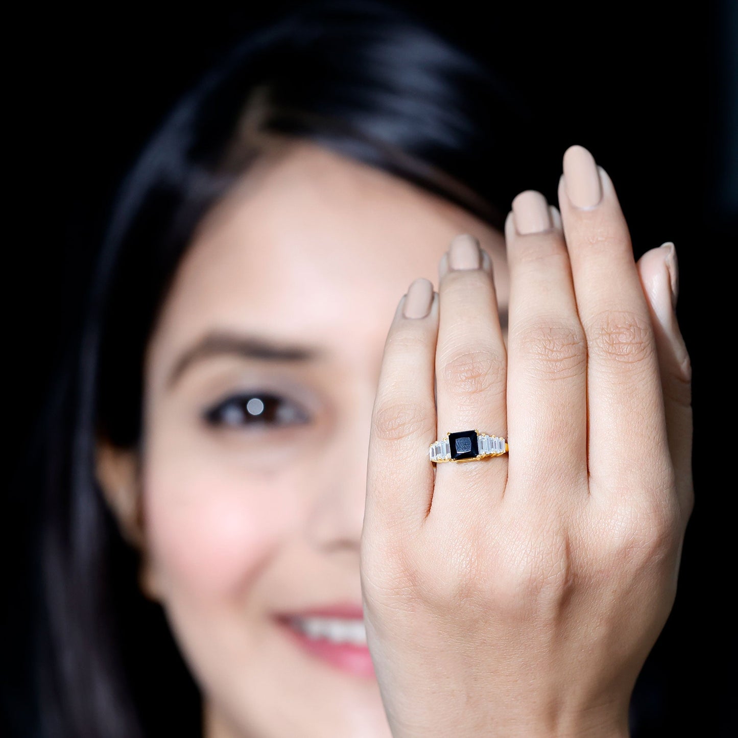 Asscher Cut Black Onyx Engagement Ring with Baguette Moissanite