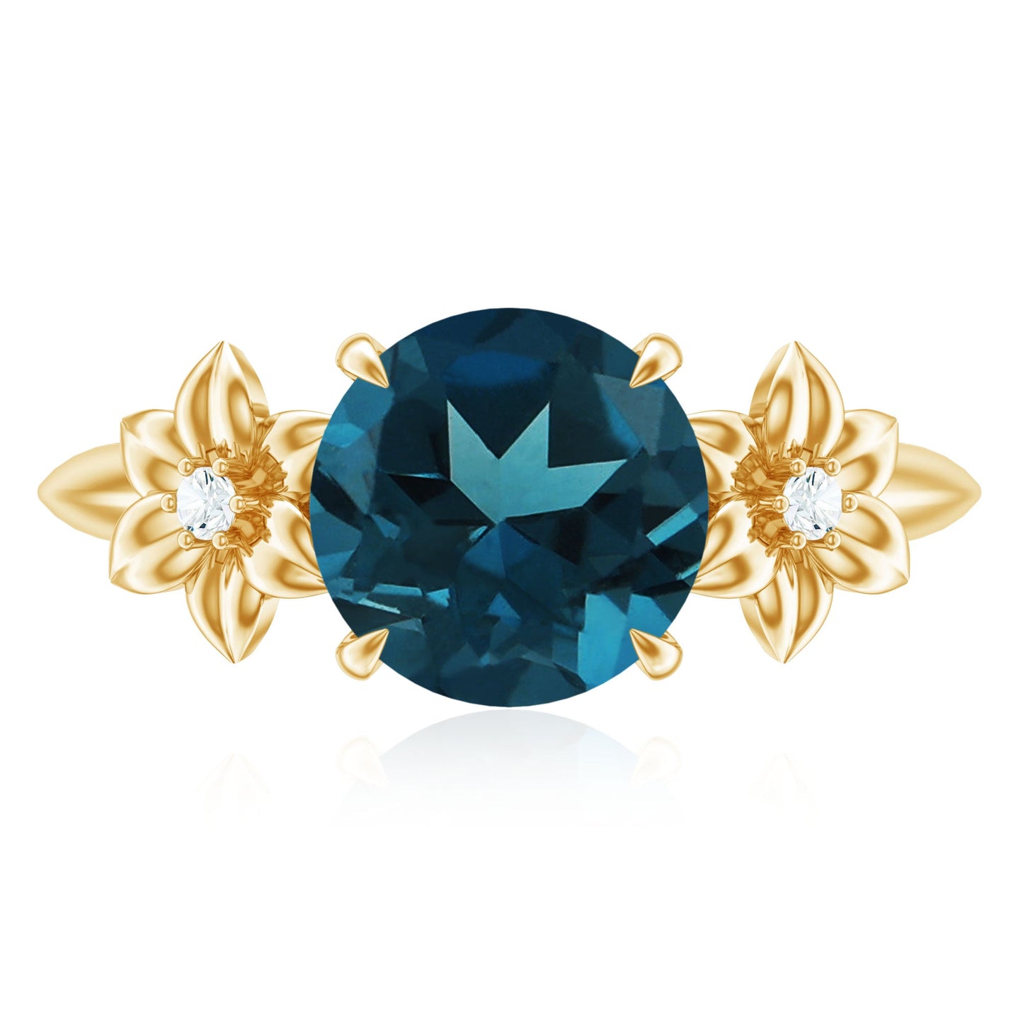 2 Carat Round London Blue Topaz Solitaire Floral Engagement Ring