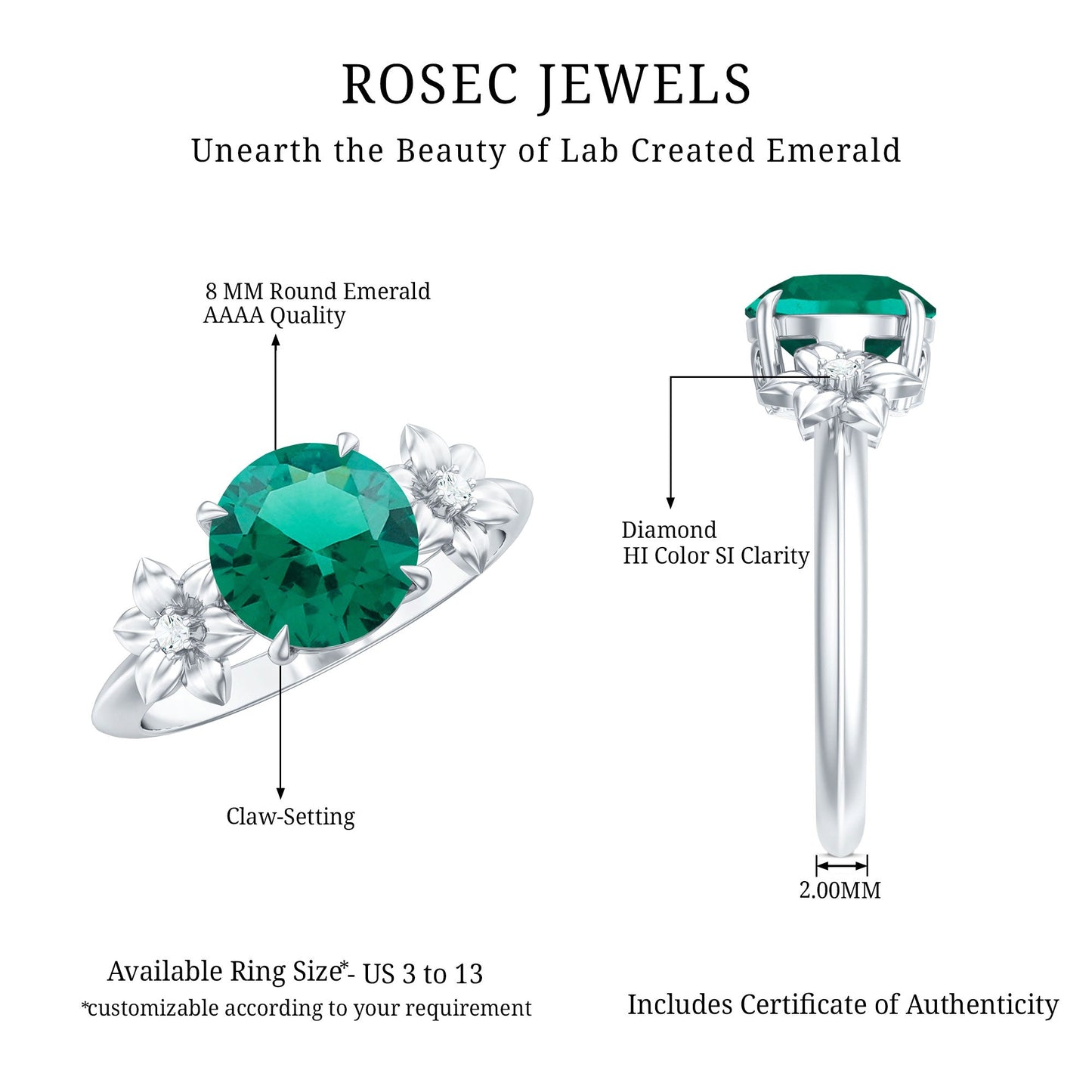 Certified Lab Grown Emerald Flower Engagement Ring with Diamond