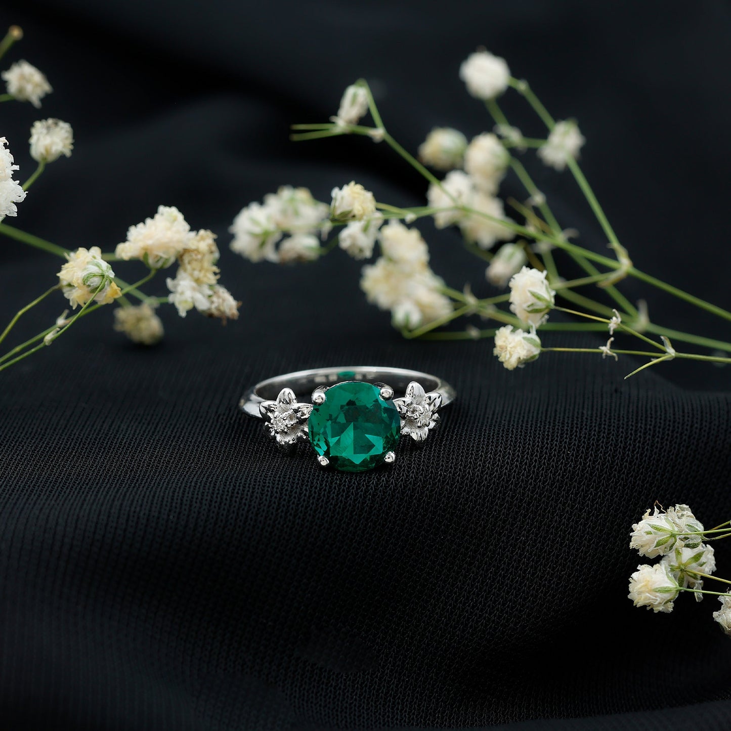 Certified Lab Grown Emerald Flower Engagement Ring with Diamond