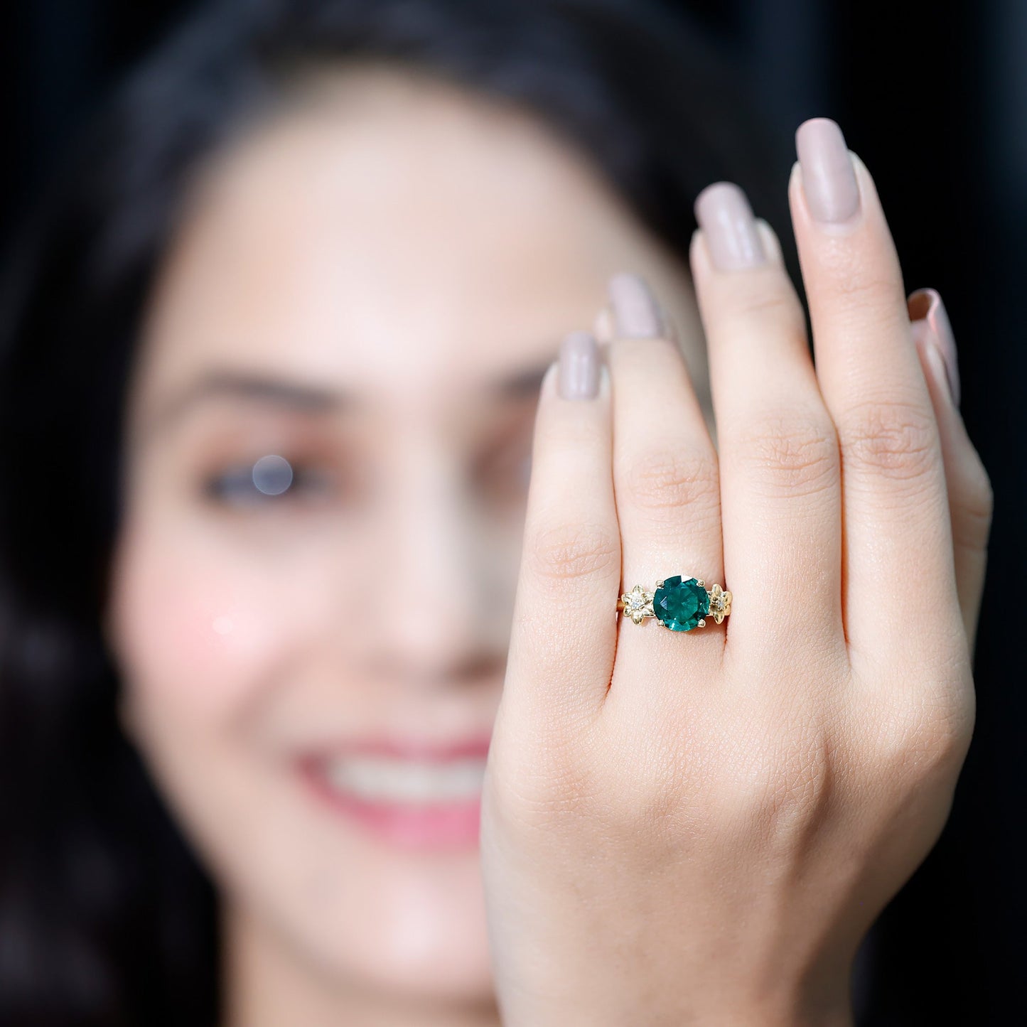 Certified Lab Grown Emerald Flower Engagement Ring with Diamond