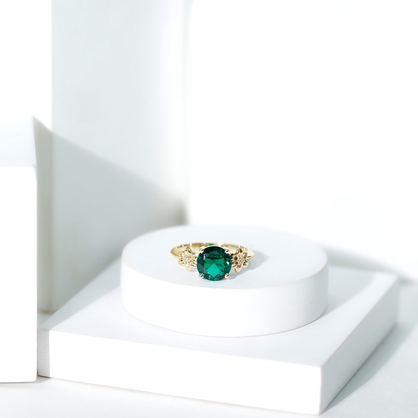 Certified Lab Grown Emerald Flower Engagement Ring with Diamond