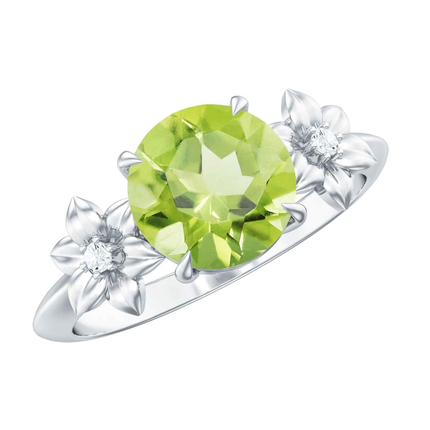 Natural 2 Carat Peridot Flower Engagement Ring with Diamond