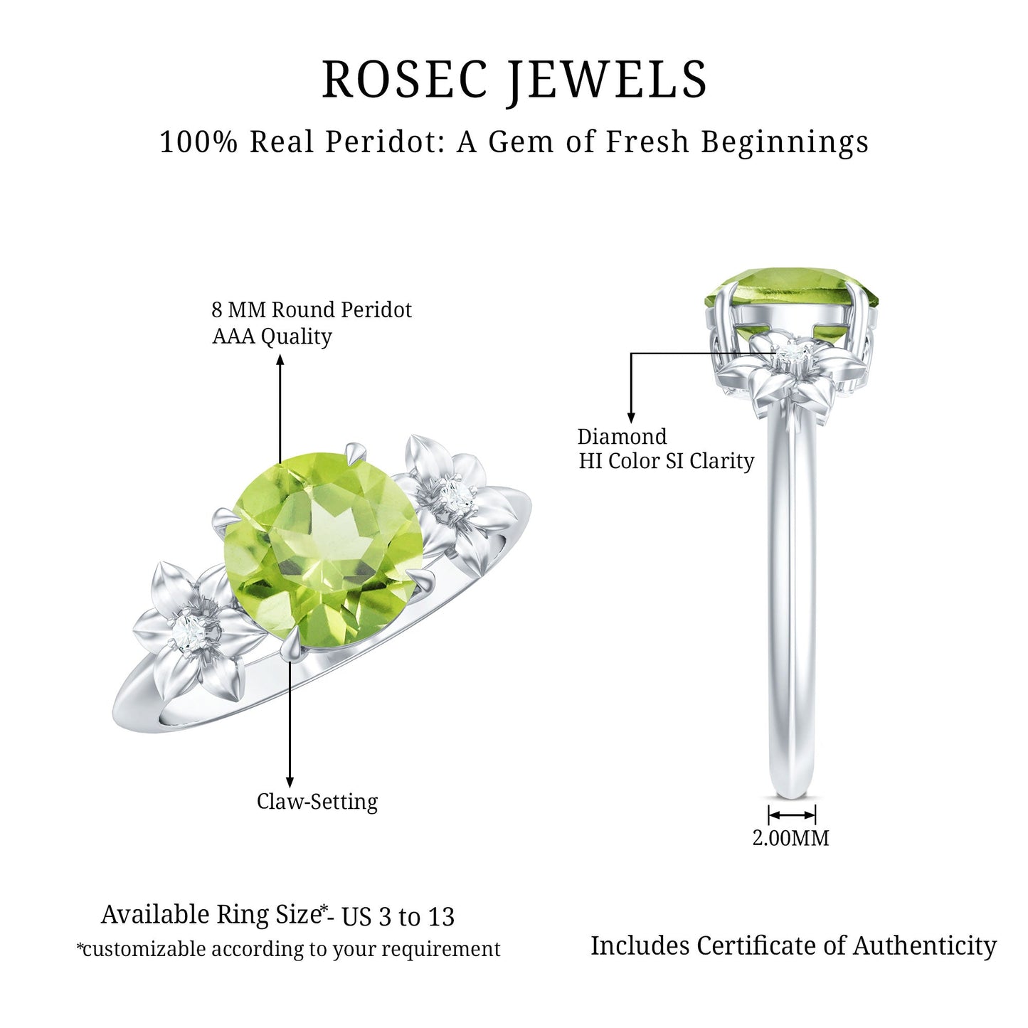 Natural 2 Carat Peridot Flower Engagement Ring with Diamond