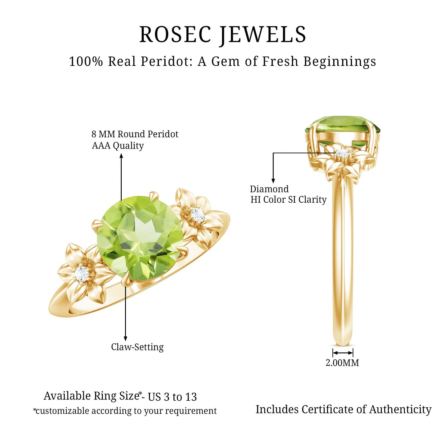 Natural 2 Carat Peridot Flower Engagement Ring with Diamond